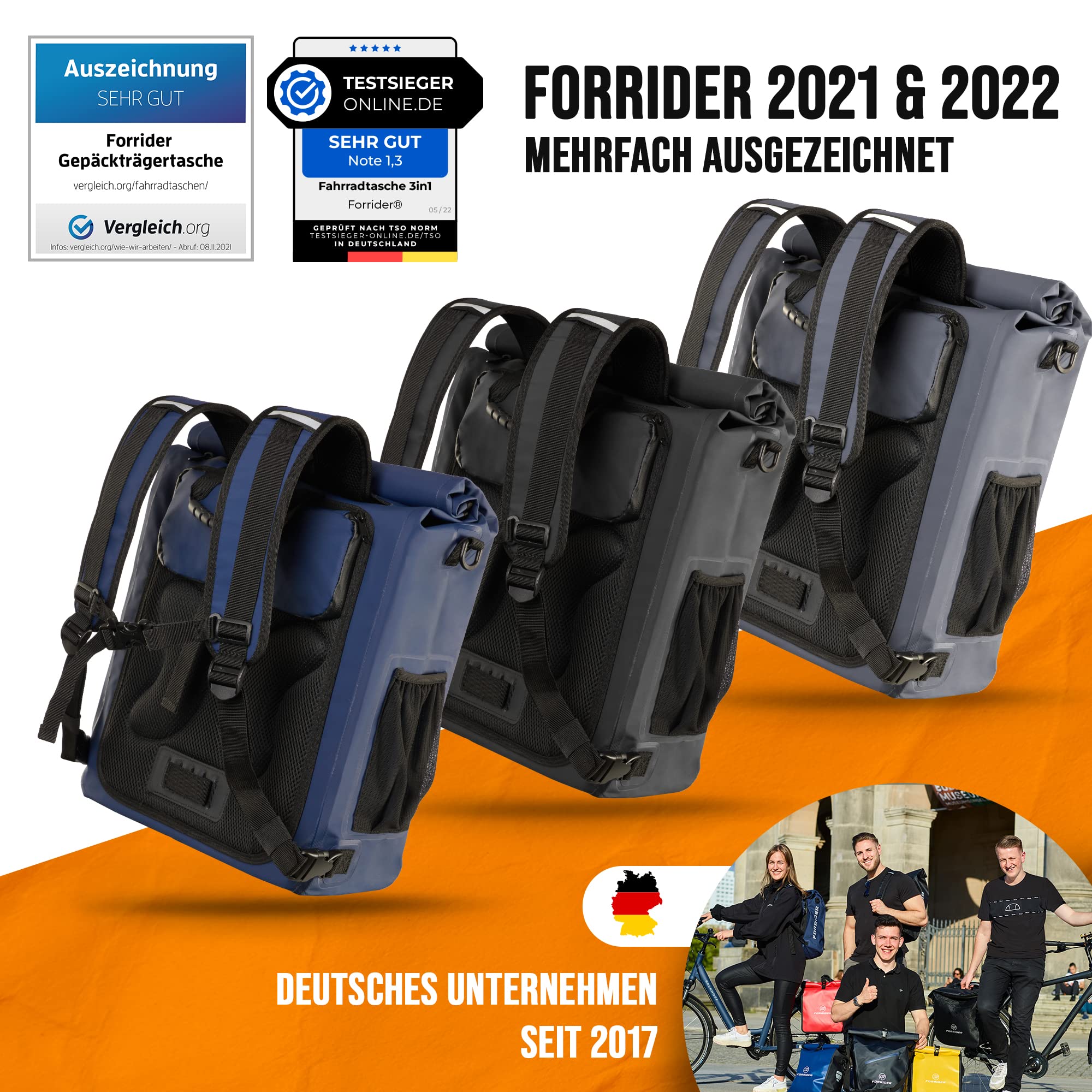 Forrider 3in1 Fahrradtasche für Gepäckträger mit Rucksack Wasserdicht 27L I Gepäckträgertasche Reflektierend I Sattel Tasche fürs Fahrrad