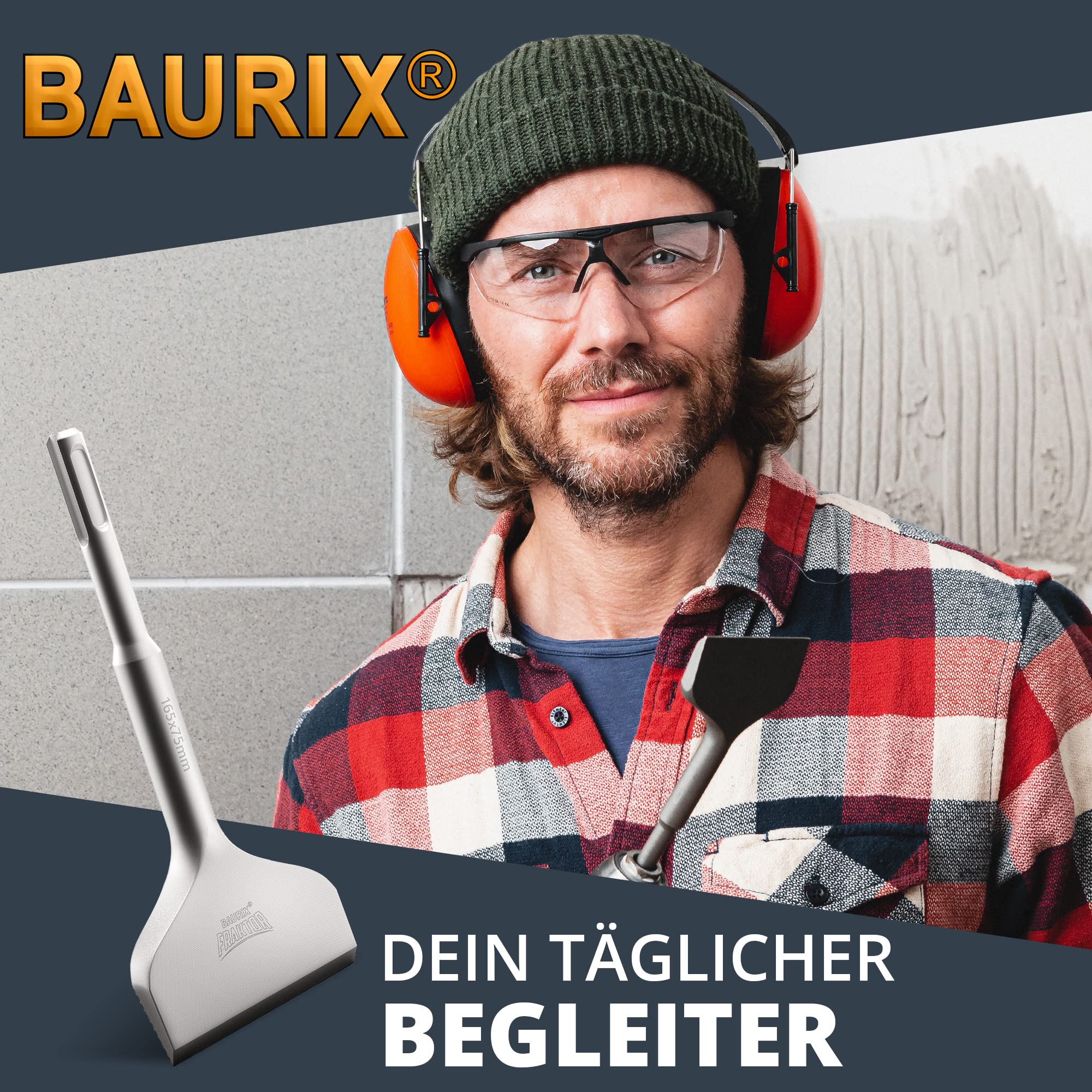 BAURIX® Fliesenmeißel SDS Plus Meißel [165x75 mm] I FRAKTOR®-System - Mühelos Fliesen entfernen I Abgewinkelter Flachmeißel breit für Fliesen und Fliesenkleber I 42CrMo-Spezialstahl