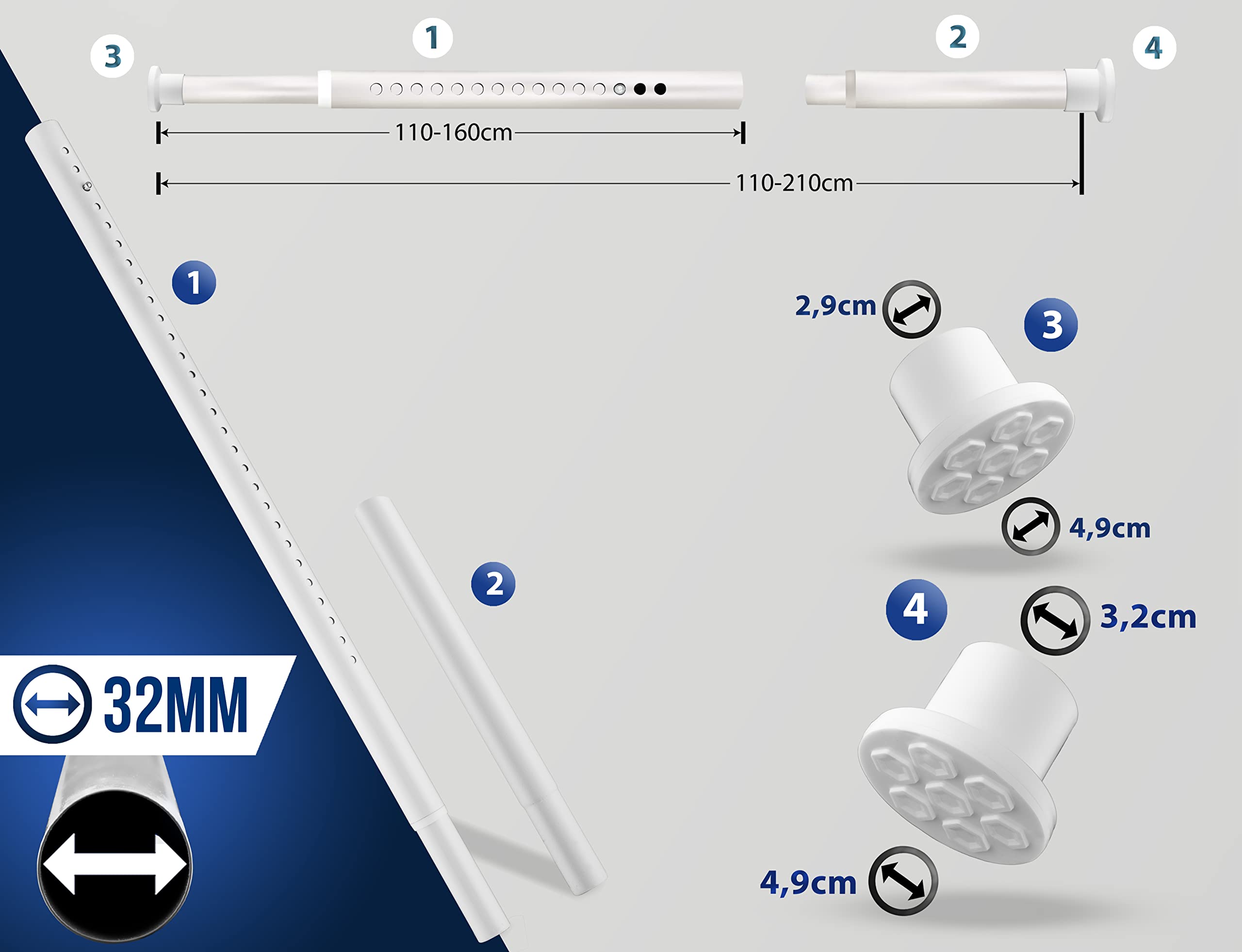 HoFactory MEISENBERG Duschvorhangstange ohne Bohren 160-210 cm, Ø32mm Weiß Klemmbare belastbare Gardinenstange Ausziehbar - Vorhangstange, Teleskopstange - für ihre Gardinen, Balkon und Dusche