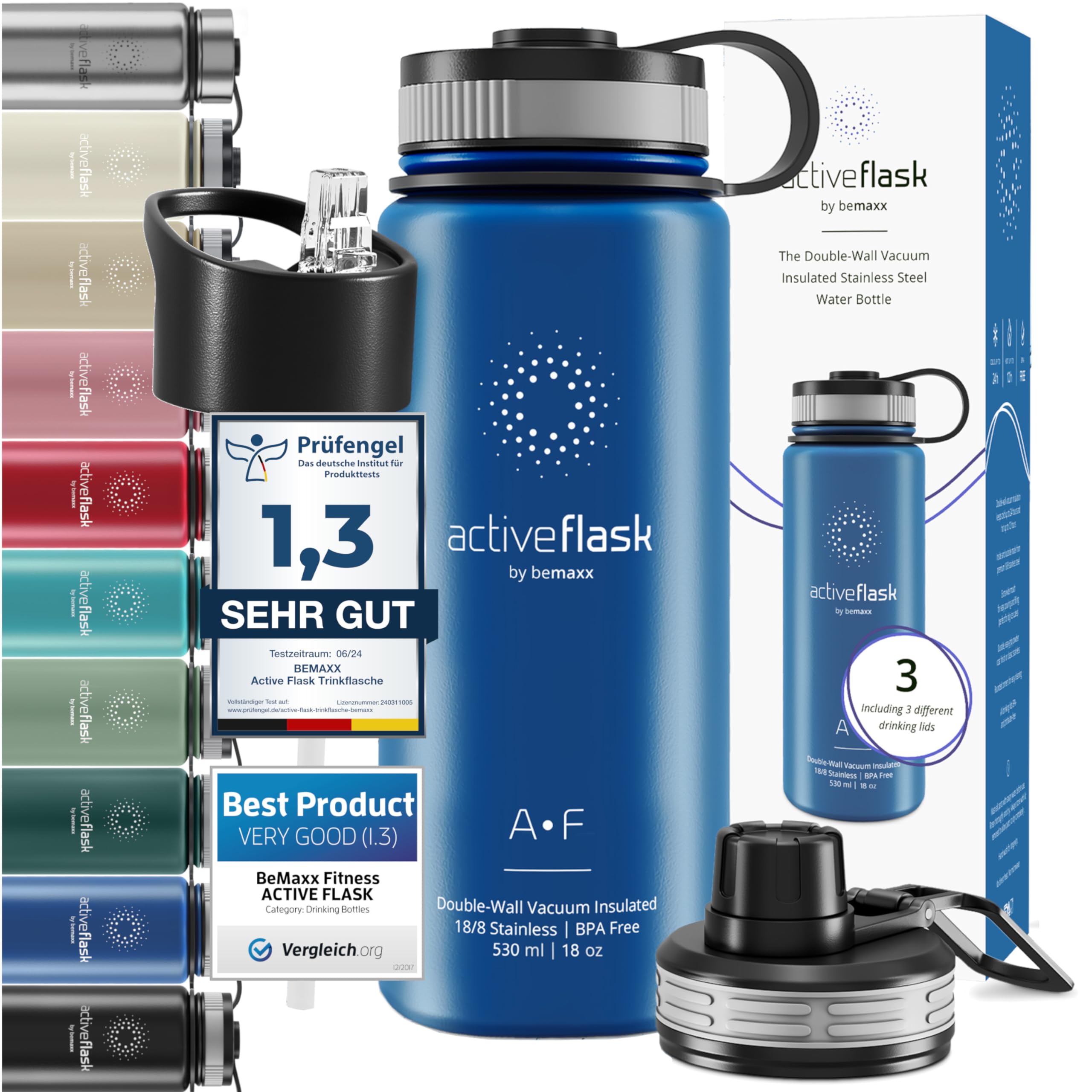 Trinkflasche Edelstahl ACTIVE FLASK + Strohhalm (3 Deckel) BPA-frei, Auslaufsicher, Kohlensäure geeignet - Wasserflasche Fahrrad Thermosflasche Isoliert Isolierflasche Sport Wasser Flasche Kinder Tee