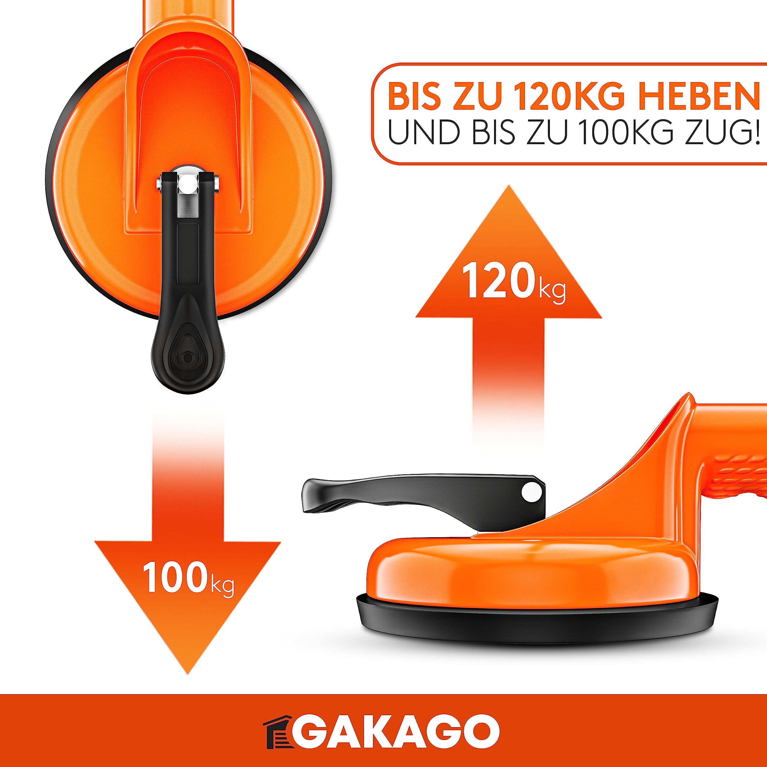 Gakago Saugheber (2er Pack) - Ergonomische & rutschfeste Sauggriffe - 120kg tragfähiger Vakuumheber für den Transport von Fliesen, Laminat, Scheiben und Glas als Glasheber, Glassauger, Glasträger