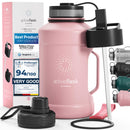 BeMaxx Trinkflasche Edelstahl ACTIVE FLASK + Strohhalm (3 Deckel) | Große 1,3 Liter Sportflasche BPA-frei Auslaufsicher Kohlensäure geeignet, 2l XL Wasserflasche Sport Outdoor Fitness Wasser Flasche