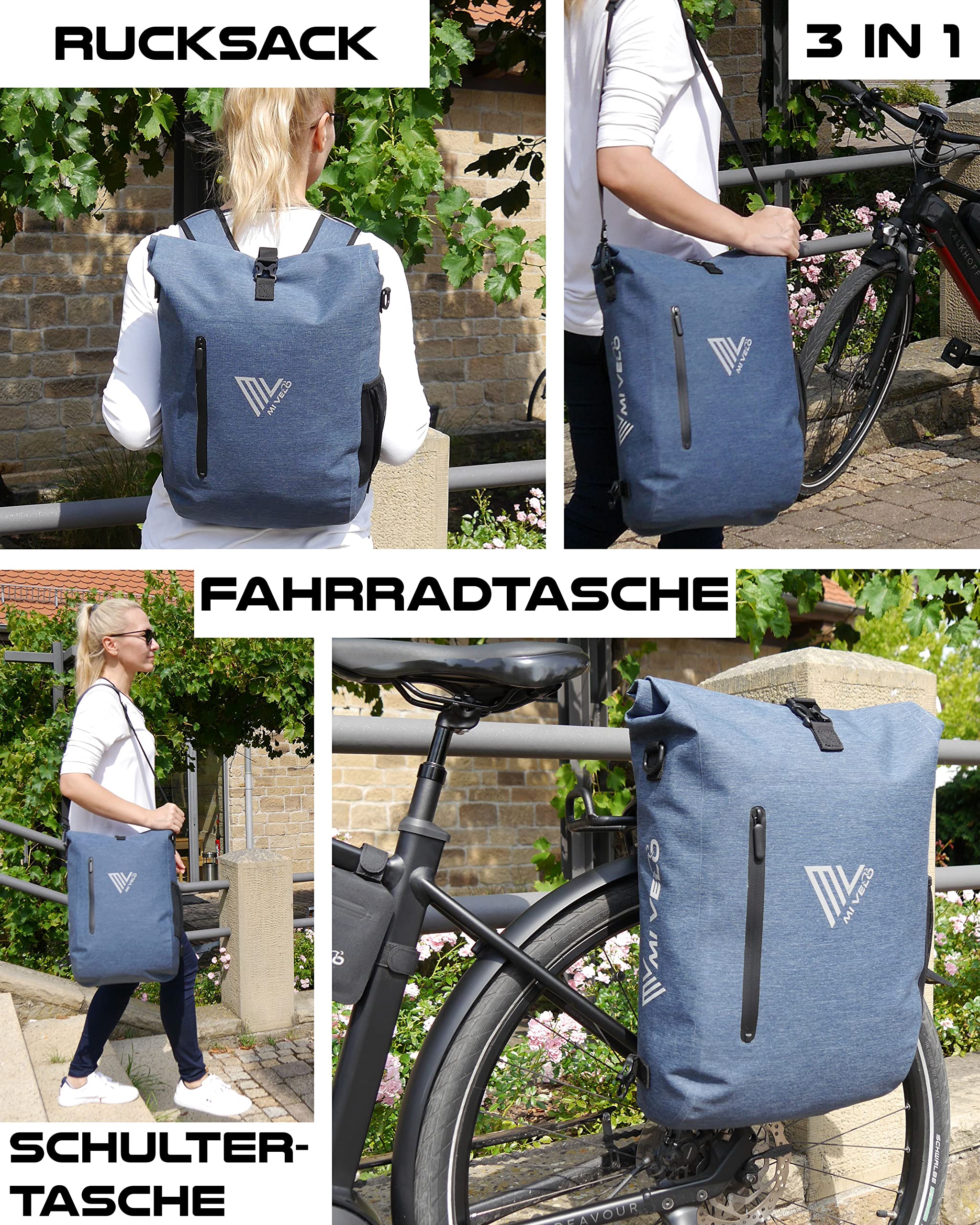 MIVELO - 3 in 1 Fahrradtasche - Rucksack - Schultertasche wasserdicht 100% PVC frei, mit Laptopfach und Schloss, für Fahrrad Gepäckträger 1 STK (Jeans-blau, 20L)