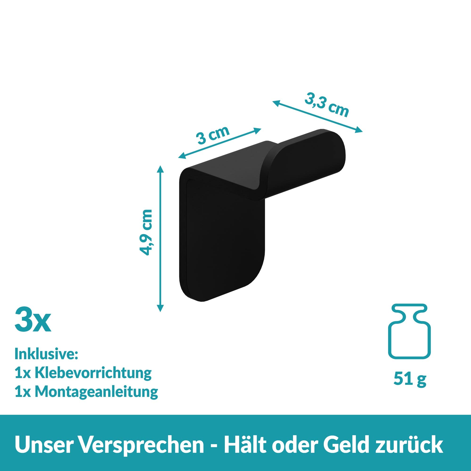 WEISSENSTEIN Handtuchhaken Ohne Bohren aus Edelstahl fürs Bad – Selbstklebende Haken – 3 Stück – Schwarz