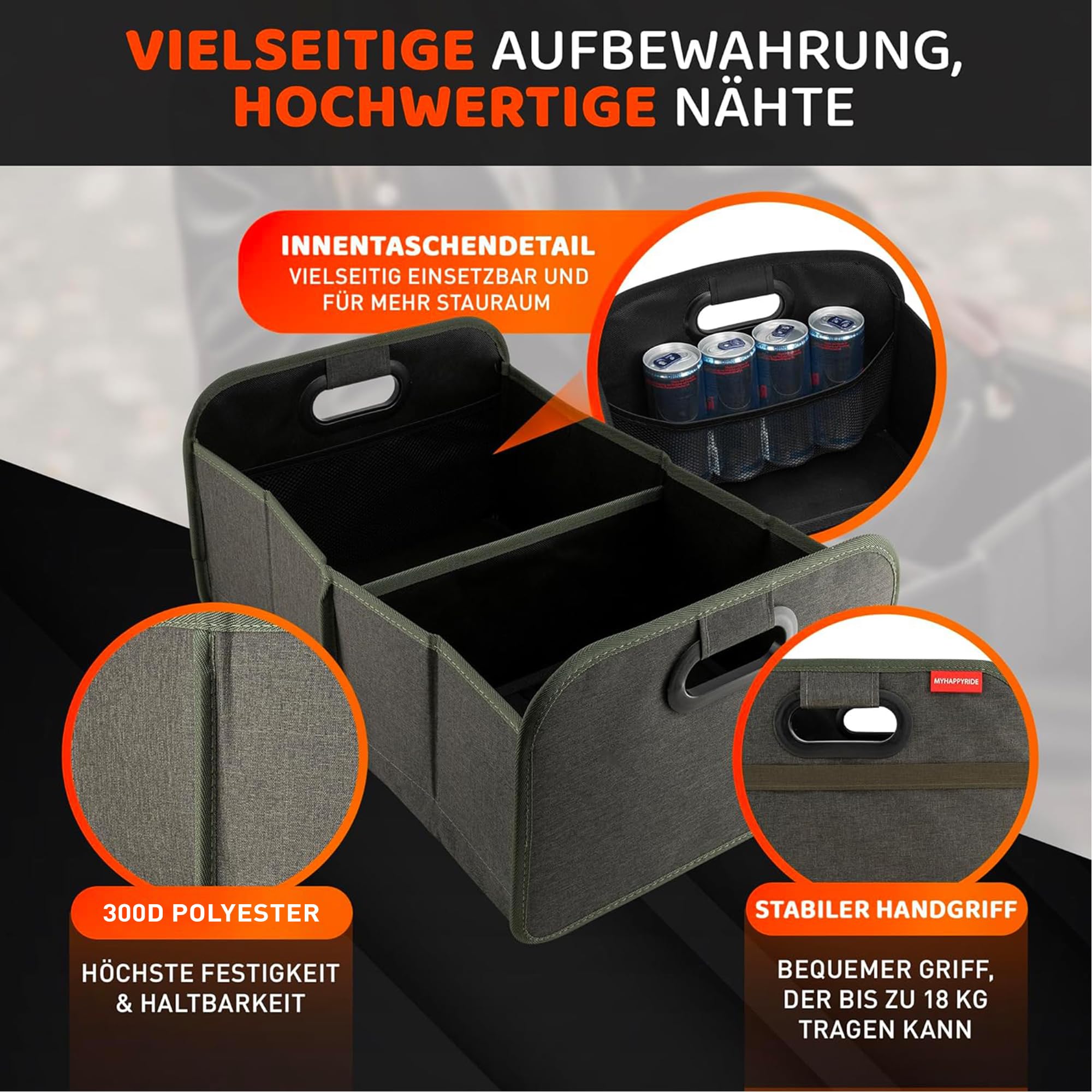 MyHappyRide Auto Kofferraumtasche Grün - Kofferraum Organizer zusammenklappbar - faltbare Aufbewahrungsbox - antirutsch und wasserfester Boden - Auto Faltbox