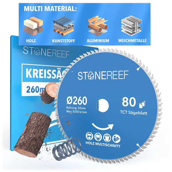 STONE REEF Sägeblatt 260x30 - Kreissägeblatt [Adapter auf Bohrung 16/20/22,23/25,4mm], kompatibel mit Tauchsäge & Kreissäge von Bosch, Makita usw.; Sägeblatt Kreissäge Nagelfest für Holz, Metall & Alu