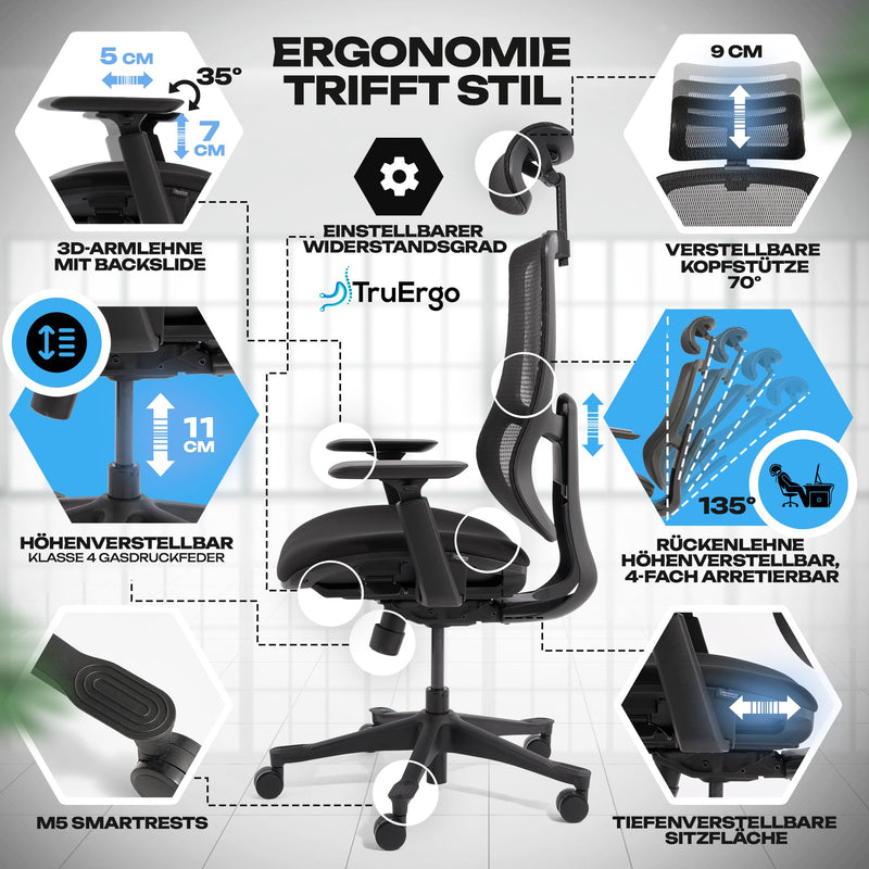 VALKENSTOL M5 Ergonomischer Bürostuhl 150 kg [Höhenverstellbare Rückenlehne, Einstellbare Sitztiefe, Formschaumsitz] Chefsessel Bürostuhl Ergonomisch Ergonomic Office Chair Bürostühle PC Stuhl