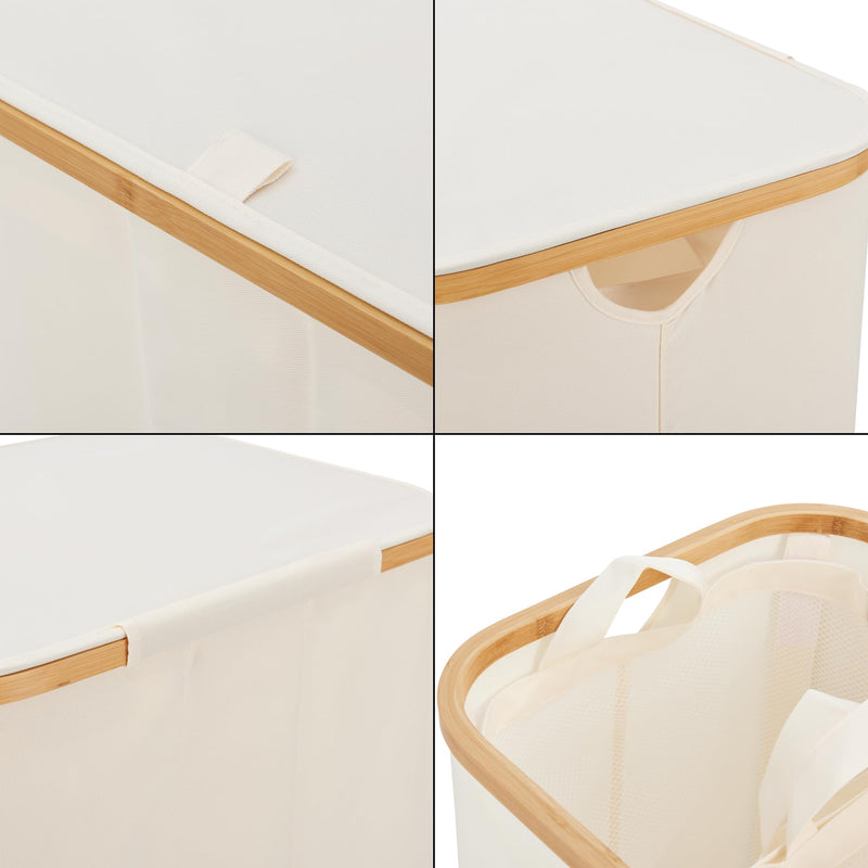 [en.casa] Wäschekorb Rusko Wäschebox mit Deckel Wäschesortierer Wäschesammler 3 Fächer Herausnehmbar Laundry Basket Atmungsaktive Wäschesäcke Klappbar 140L Bambus Beige