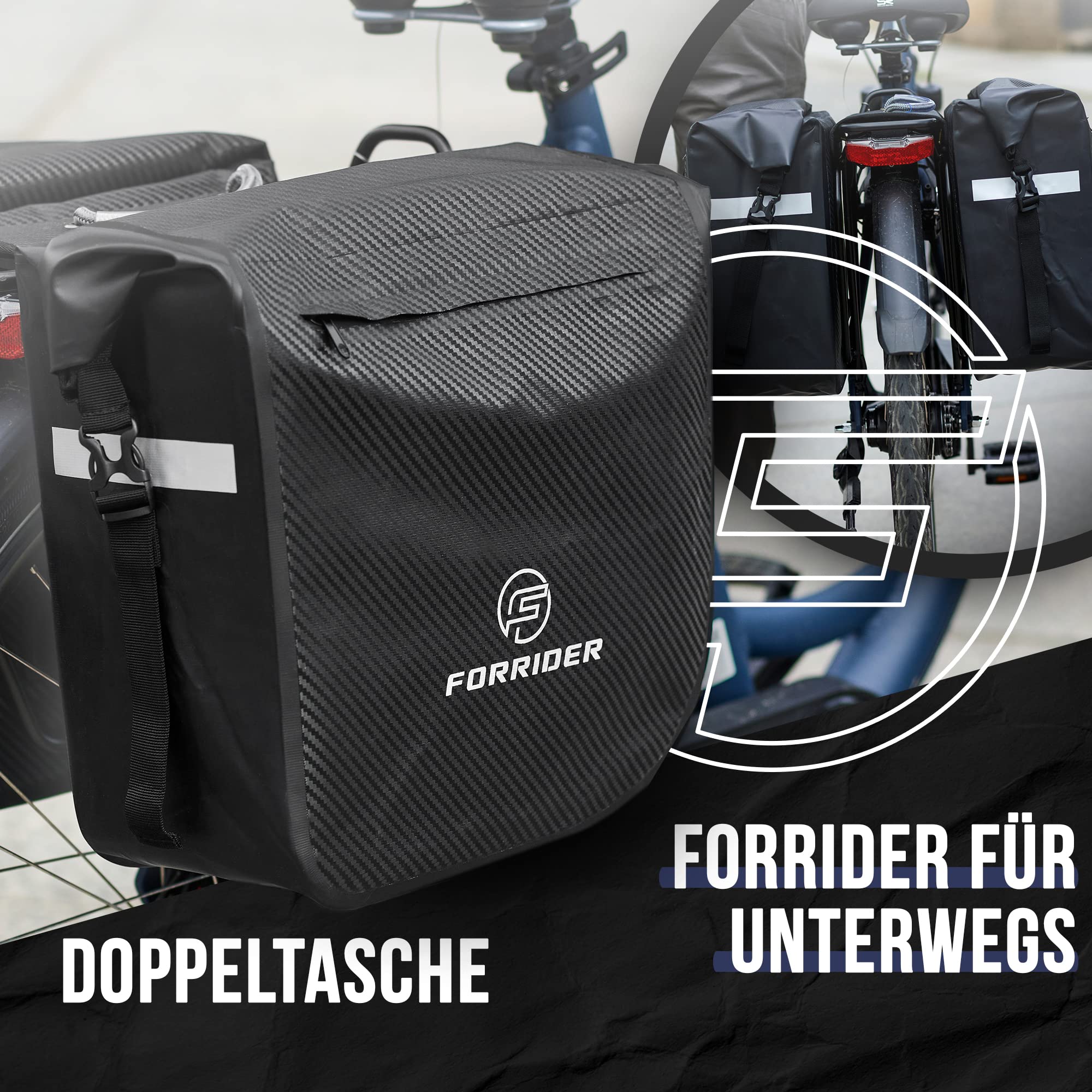 Forrider 2er Set Fahrradtaschen für Gepäckträger Wasserdicht Reflektierend | Gepäckträgertaschen 44L | Sattel Tasche fürs Fahrrad zum Einkaufen