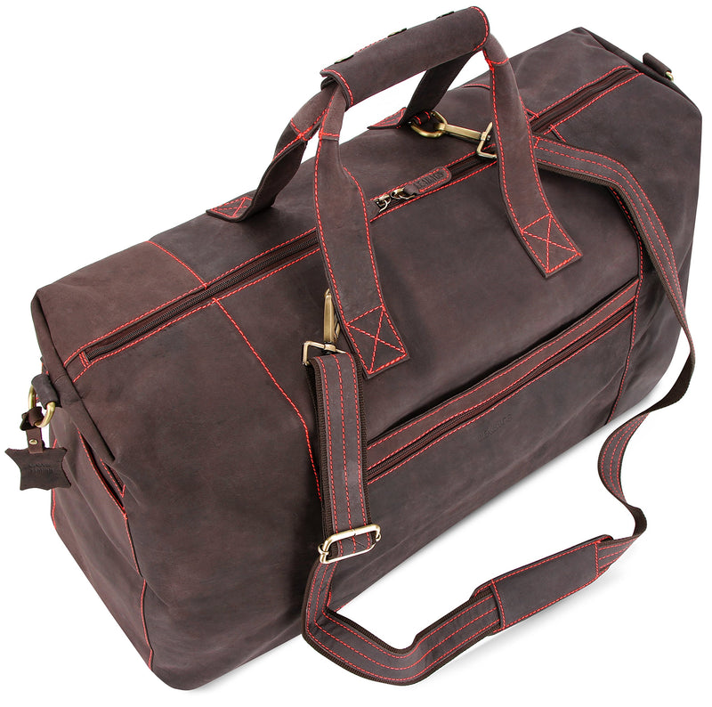 Leabags Leder Weekender Damen & Herren I Echtleder Premium Reisetasche I 55 l Sporttasche I Duffle Travel Gym Bag I Sporttasche I Trainingstasche I Tasche Flugzeug I groß I Dark Brown/Red