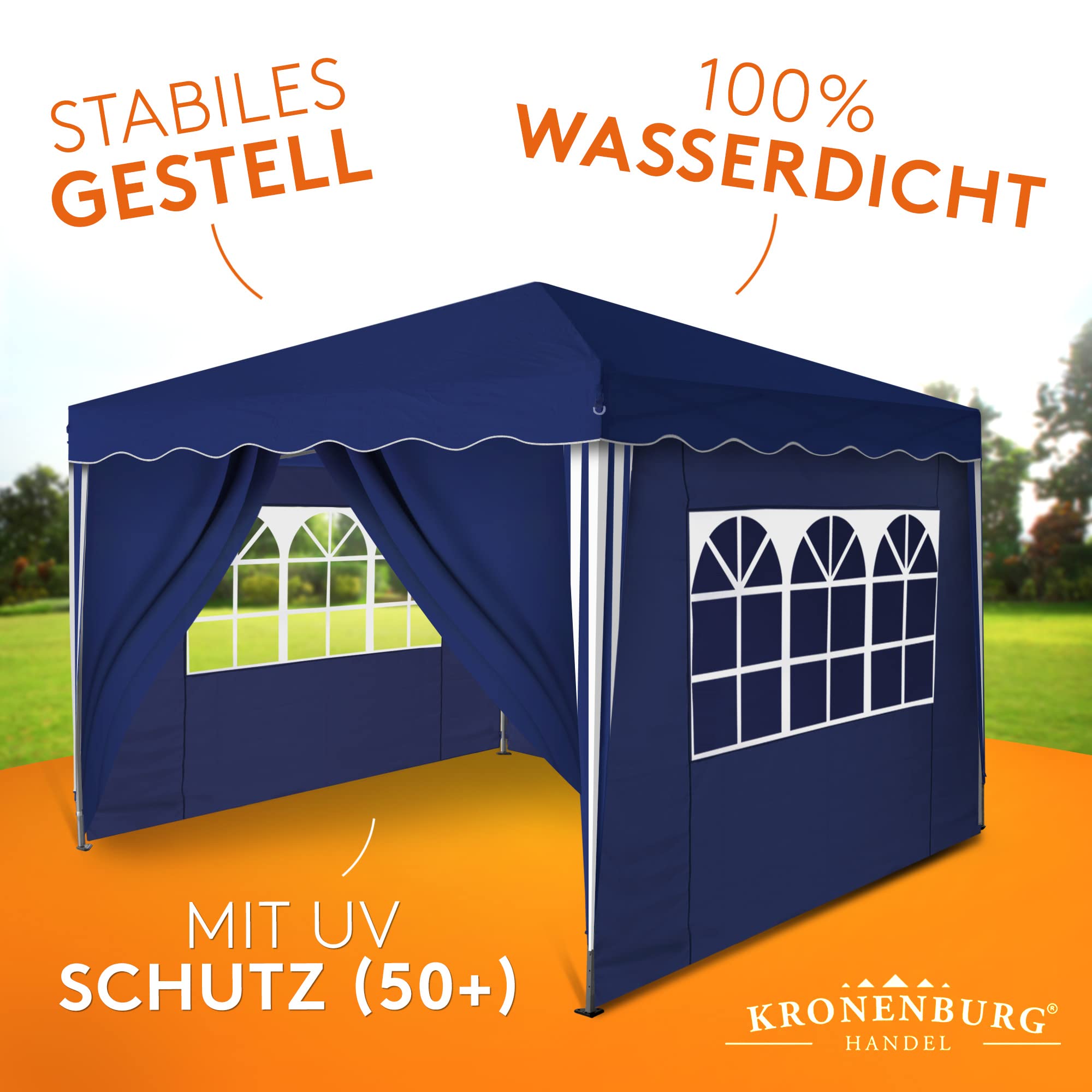 Kronenburg Faltpavillon wasserdicht Dachmaß 3 x 3 m UV Schutz 50+ Pavillon in Blau mit 4 Seitenteilen