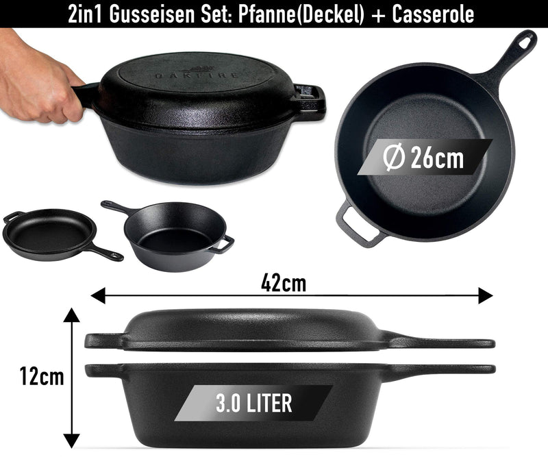 Oakfire Gusseisen Topf 2in1 mit Pfanne, Ø26cm 3.0L, Casserole, mit Anti-Haft Patina, 4Elements, SpreadHeat zum Kochen, Braten, Schmoren, Brot backen, Garen - Tolle Aromaentfaltung