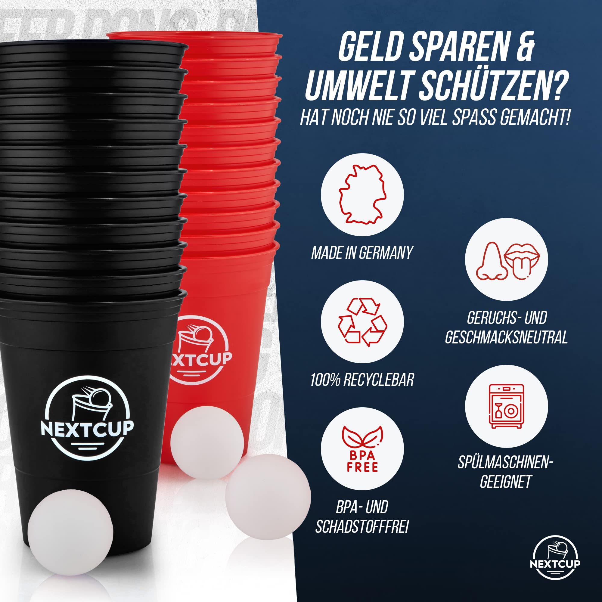 NextCup Partybecher Set Made in Germany - 22 extra stabile und nachhaltige Hartplastik Becher [473ml - 16oz] – Spülmaschinengeeignet und Wiederverwendbar