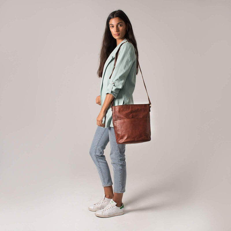 Nama 'Isabell' Ümhängetasche Shopper Echtes Leder Handtasche für Damen Vintage Look Beutel Tasche Schultertasche Multitasche Naturleder Braun