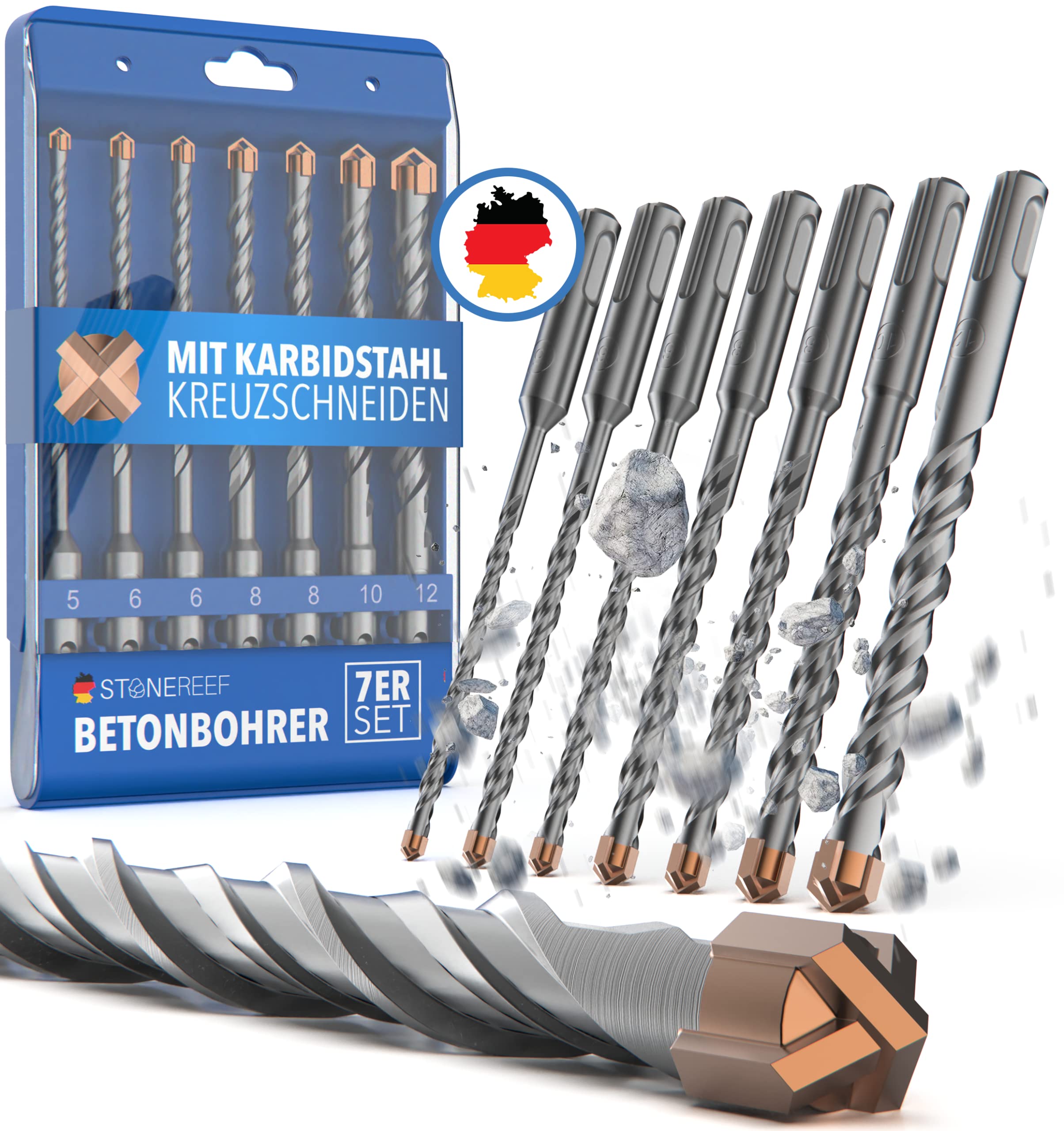 STONE REEF Betonbohrer Set Profi - [7-teilig inkl. Bohrerkassette] - SDS Plus Bohrer Set Ø 5mm, 6mm, 8mm, 10mm, 12mm x 160mm - Steinbohrer, Beton, Wandbohrer, Bohrersatz