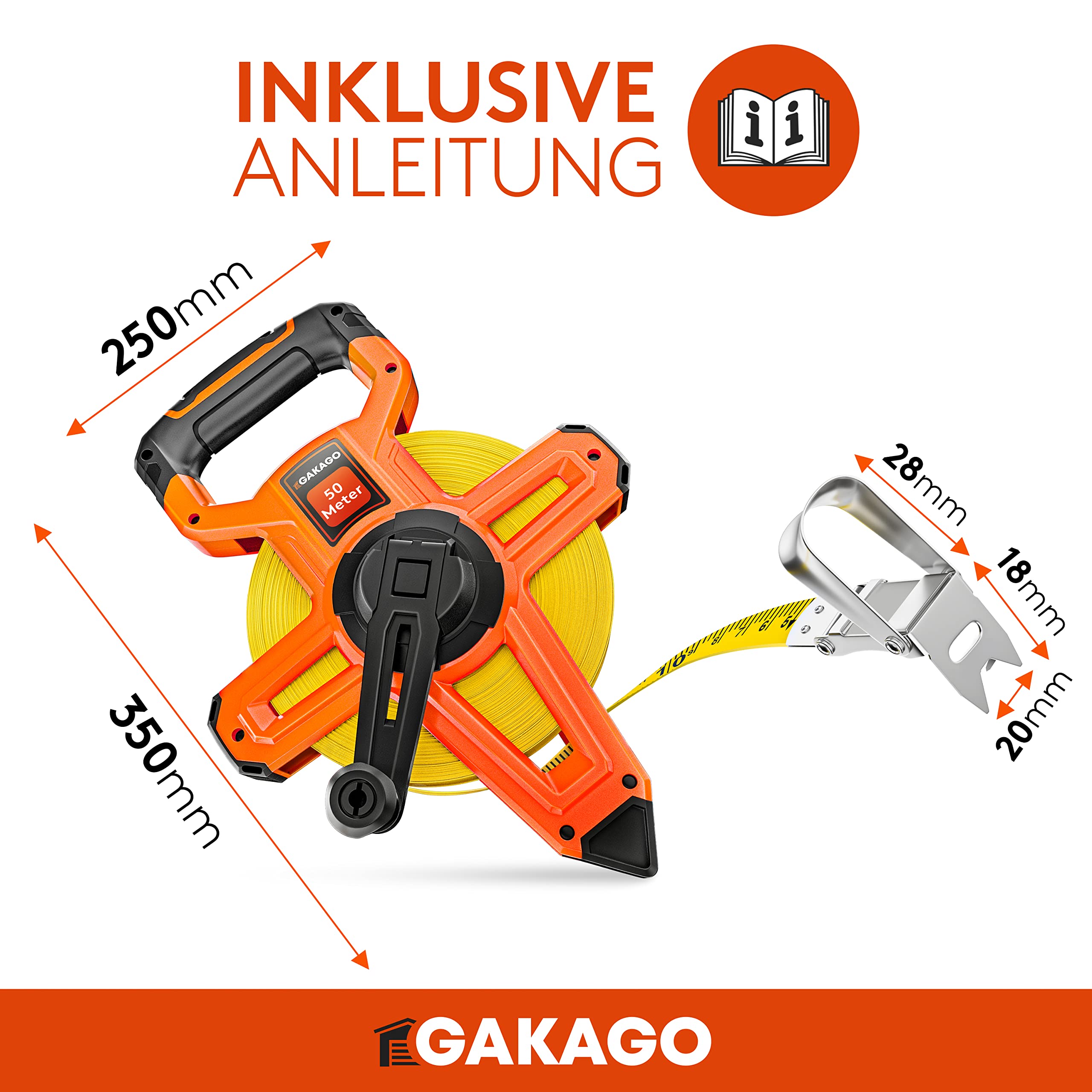 Gakago Bandmaß 50m - 3-fach übersetztes Rollmaßband mit klappbarem Hebel - Ergonomischer & rutschfester Maßband Haltegriff - Masbandrolle mit Messpunkt-Markierspitze und flexiblen Messhaken