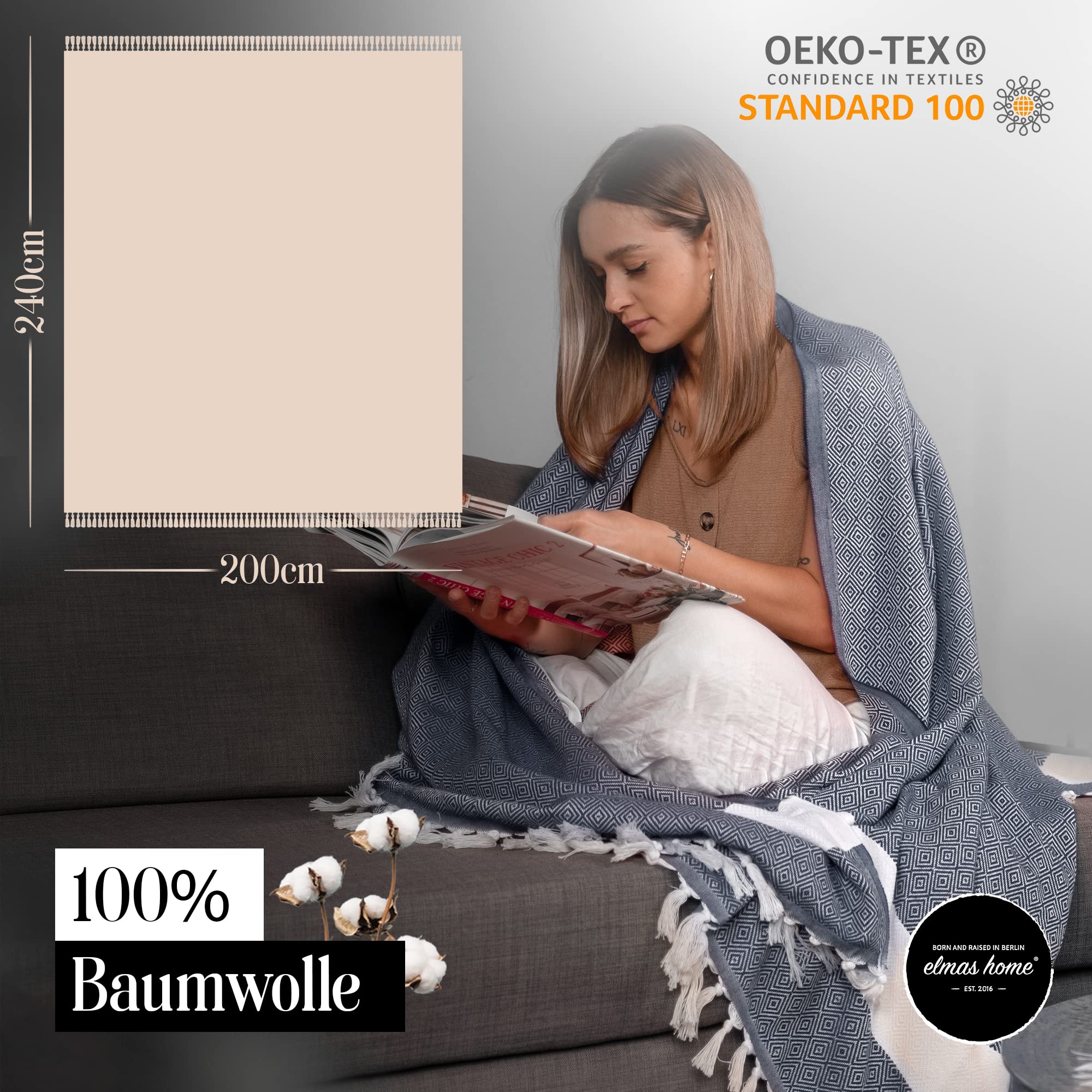 Elmas Home® Baumwolldecke 100% natürliche Baumwolle | 200x240cm XXL Tagesdecke | Premium Kuscheldecke als Sofaüberwurf, Wohndecke (Classic Diamond, Nacht-Blau)