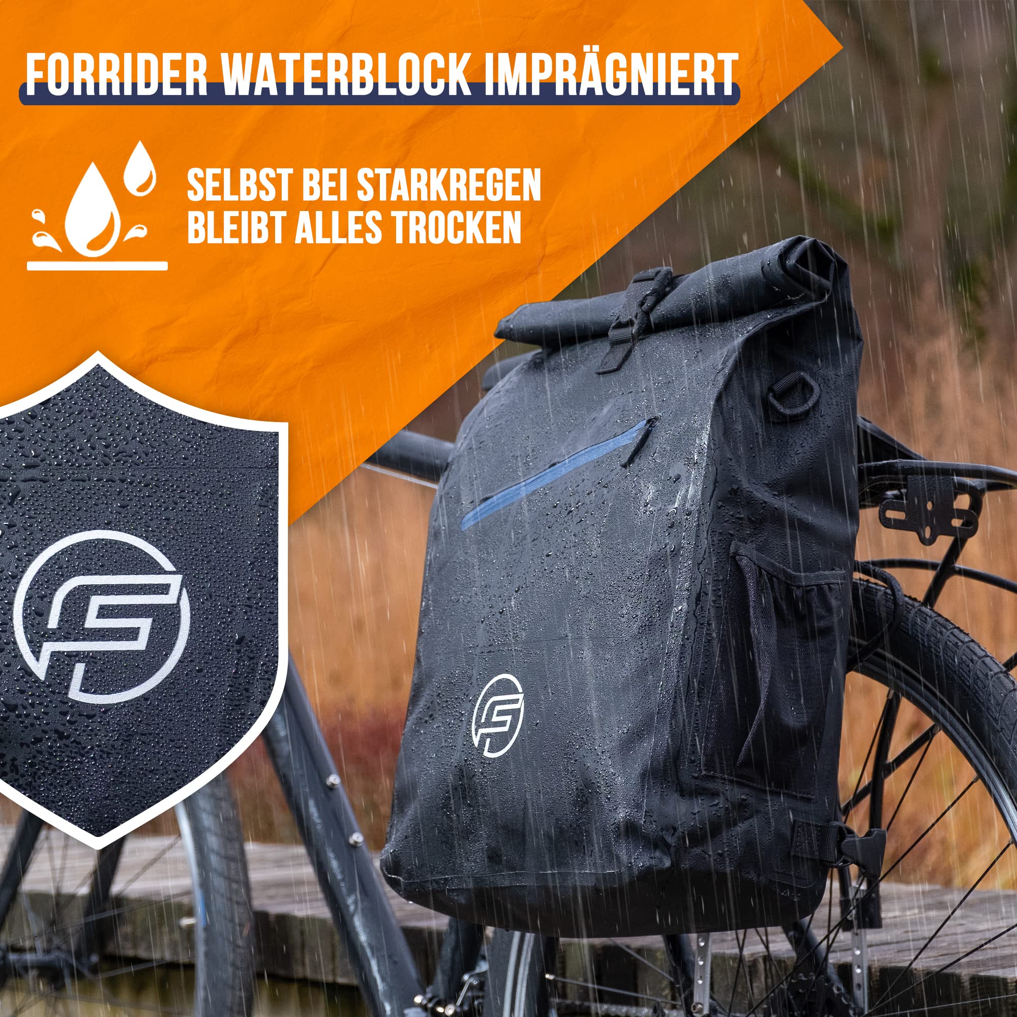 Forrider 3in1 Fahrradtasche für Gepäckträger mit Rucksack Wasserdicht 27L I Gepäckträgertasche Reflektierend I Sattel Tasche fürs Fahrrad