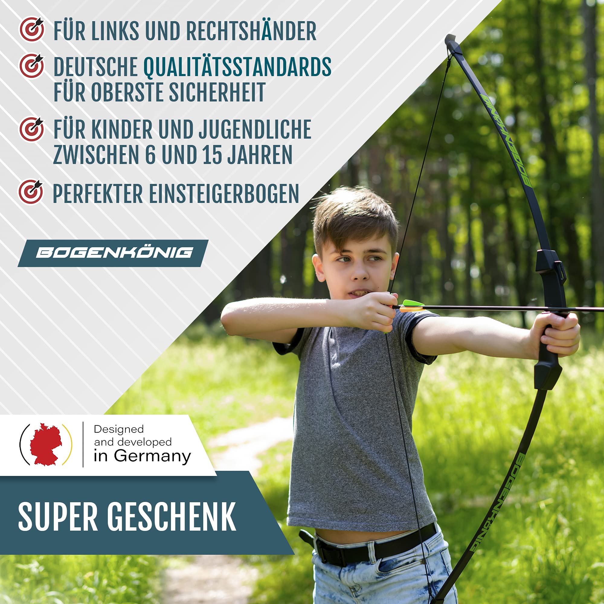 Bogenkönig Sicheres & Spaß Kinder Pfeil und Bogen Set - 6,8kg Zugkraft - Outdoor Abenteuer mit Kinderbogen Set mit Zielscheibe für Saugnapf und Pfeil mit Spitze - Kinder Bogenschießen Set ab 6 Jahre