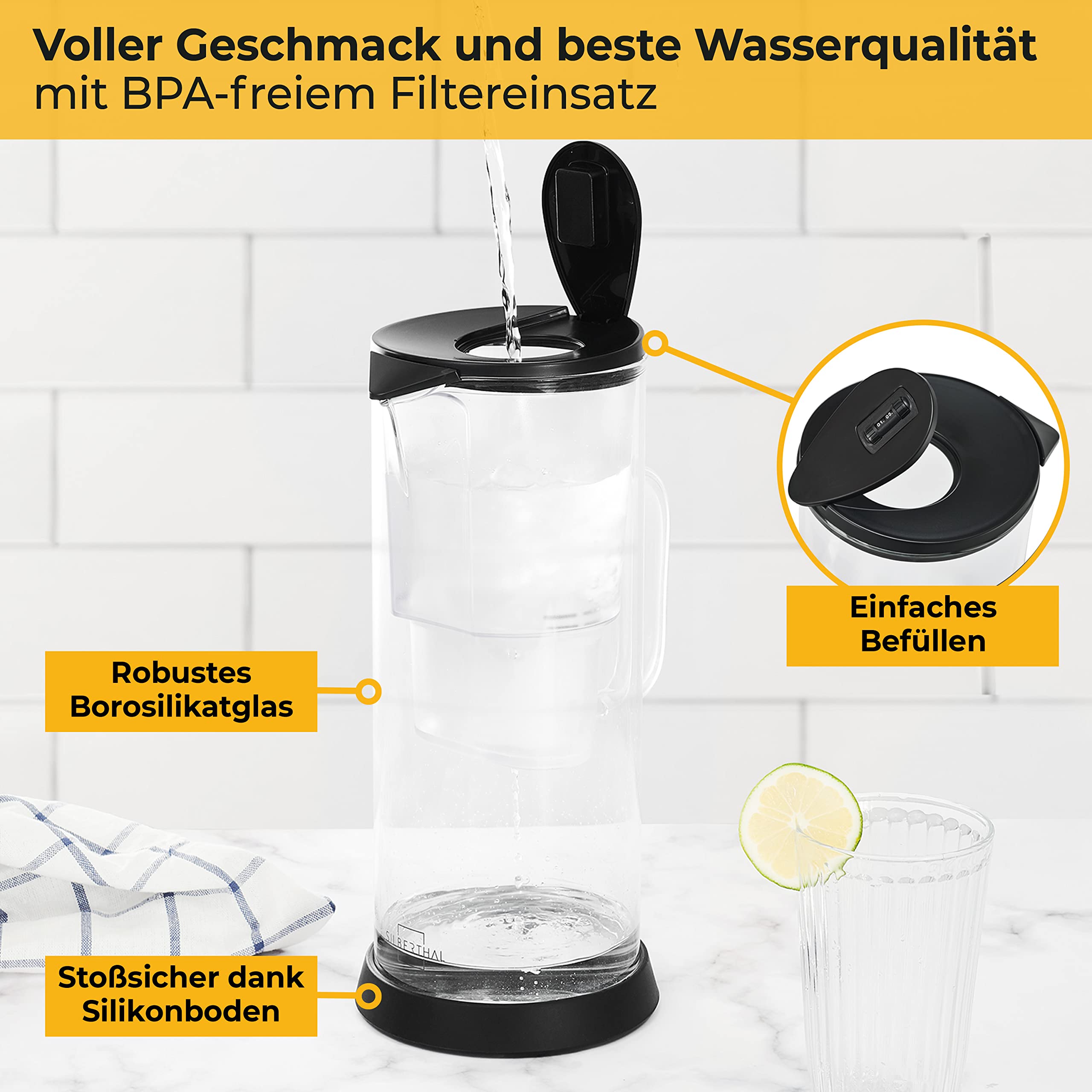 SILBERTHAL Wasser Filterkannen Set inkl. 6er Pack Filterkartuschen - Glas - Reduziert Kalk und Chlor - 2,7 Liter