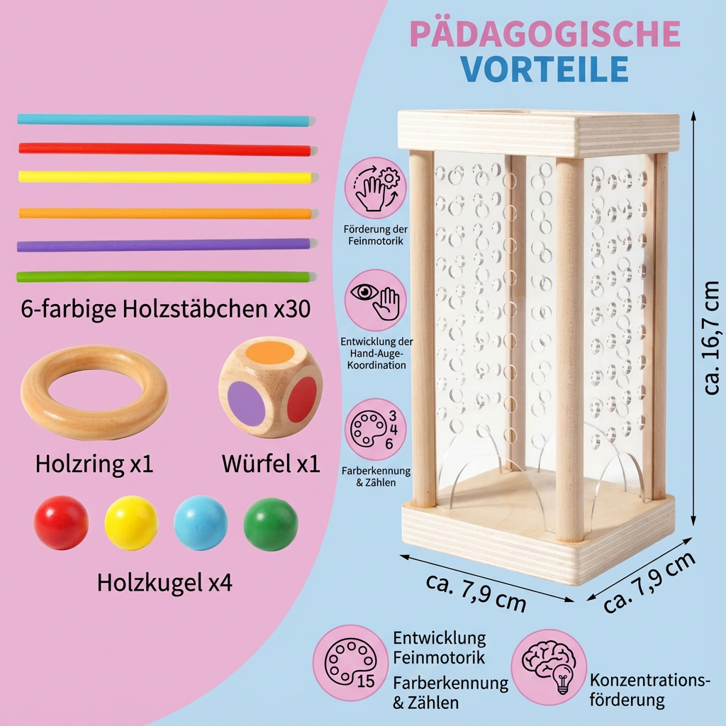 Rebolet | 3-in-1 Montessori Holz Geschicklichkeitsspiel Kugel & Stäbe