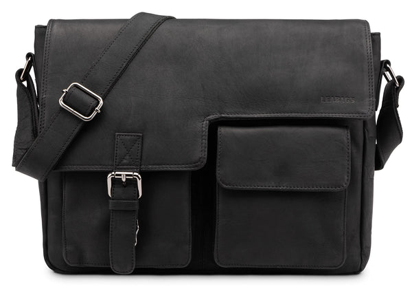 LEABAGS Leder Aktentasche Herren & Damen I Echtleder Laptoptasche bis 13 Zoll I Umhängetasche mit Schultergurt I Schultertasche I Messenger Bag I Arbeitstasche I Lehrertasche I Nature Schwarz