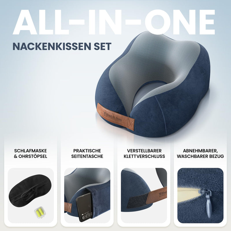 Nackenhörnchen Reise Nackenkissen Travel Pillow Set: Schlafmaske + Ohrstöpsel + Tasche | Weiches Reisekissen Nacken Polster Memory Foam Nackenrolle Schaum Kissen Nackenstützkissen Neck Auto Bus Zug