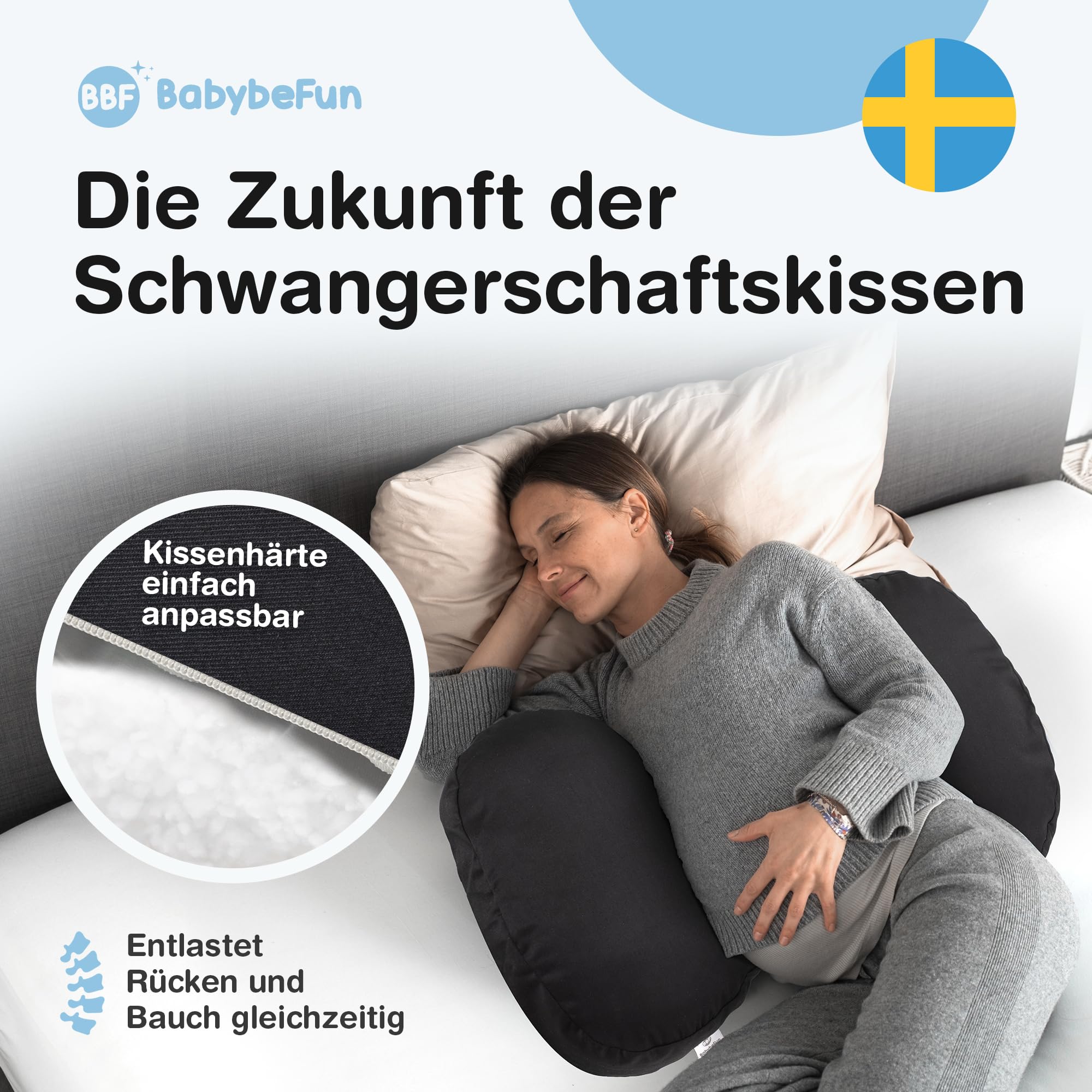 BabybeFun Schwangerschaftskissen [Platzsparend] Pregnancy Pillow für optimale Seitenlage mit Verstellbarer Größe für Schlafkomfort und gegen Rückenschmerzen | Schwarz