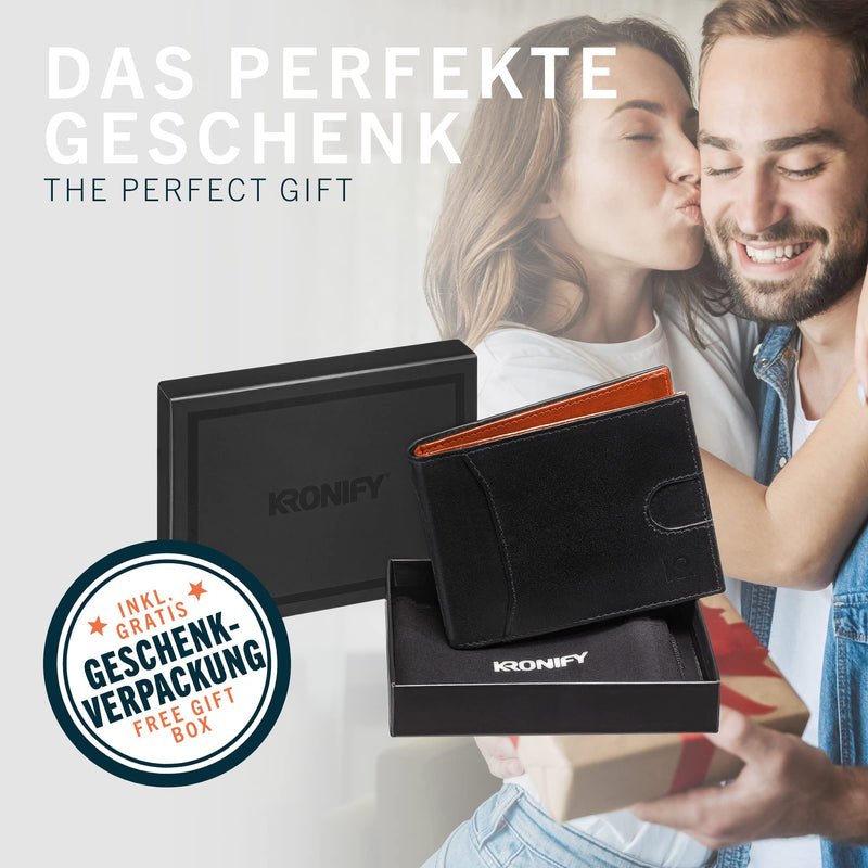 KRONIFY Leder Geldbörse Herren I Echtleder Geldbeutel I RFID Schutz I Querformat I Portmonee mit Münzfach I 13 Kartenfächer I Männer Portemonnaie I Geschenk Box I Nappa Schwarz/Orange