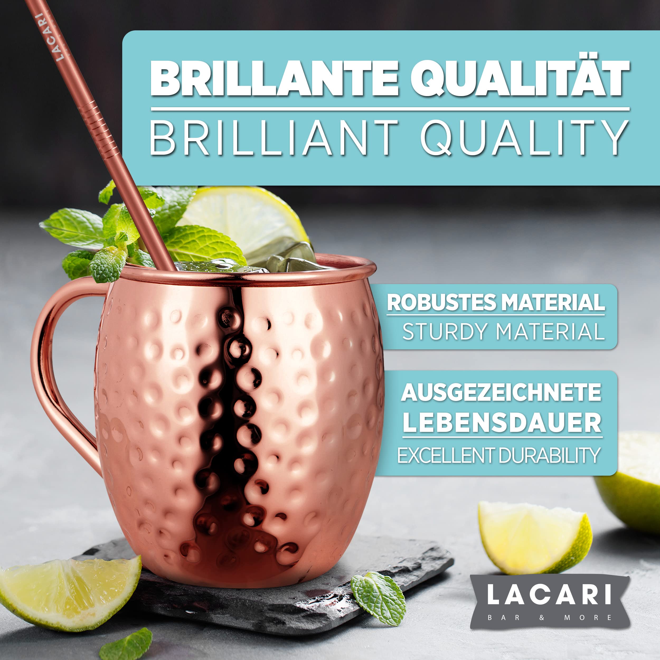 Moscow Mule Becher | Kupferbecher 470ml | Lacari ORIGINAL Set aus 2x Kupferbecher & 2x Strohhalme | Moscow Mule Becher 2er Set | Cocktail Bar Geschenk | Inkl. Moscow Mule E-Book