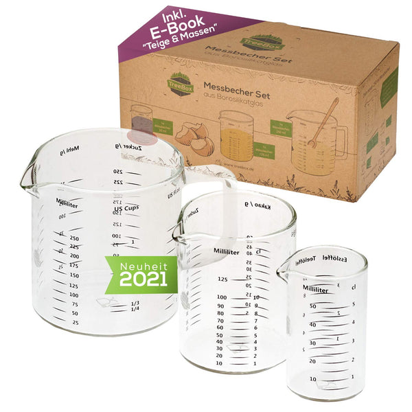 TreeBox Messbecher aus Glas mit Ausguss - 3er Set - Hitzebeständig und Mikrowellengeeignet - Verschiedene Maßeinheiten - Perfekt zum Backen, Kochen und Mischen