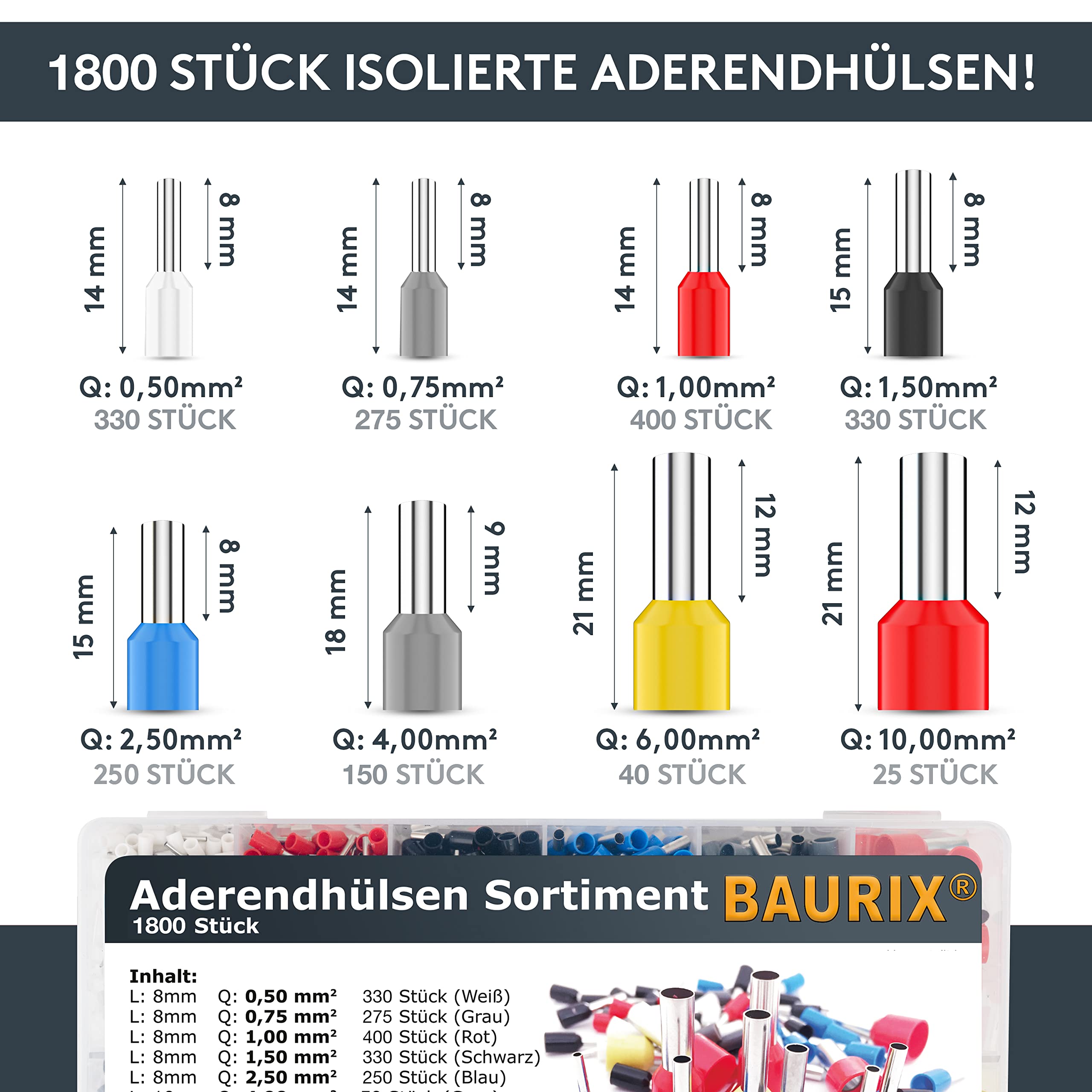 BAURIX® Crimpzange mit 1800 Aderendhülsen Set I Aderendhülsenzange selbsteinstellend [Für 0,25-10mm²] I Krimpzange, Crimpzangen, Crimp Zange, Presszange