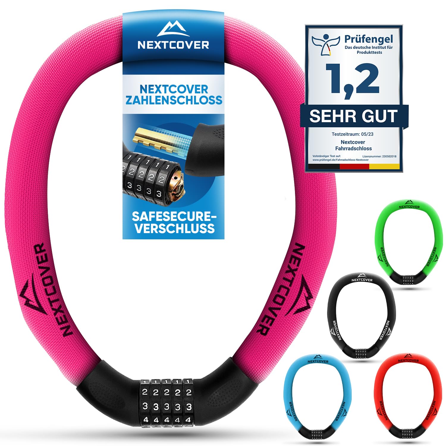 NEXTCOVER® NEU Fahrradschloss mit Zahlencode [SAFESECURE] für hohe Sicherheit I Schloss mit 5- stelligem Zahlencode I Zahlenschloss Fahrrad Stahl I Bike Lock perfekt für E-Bike I Kettenschloss (Pink)