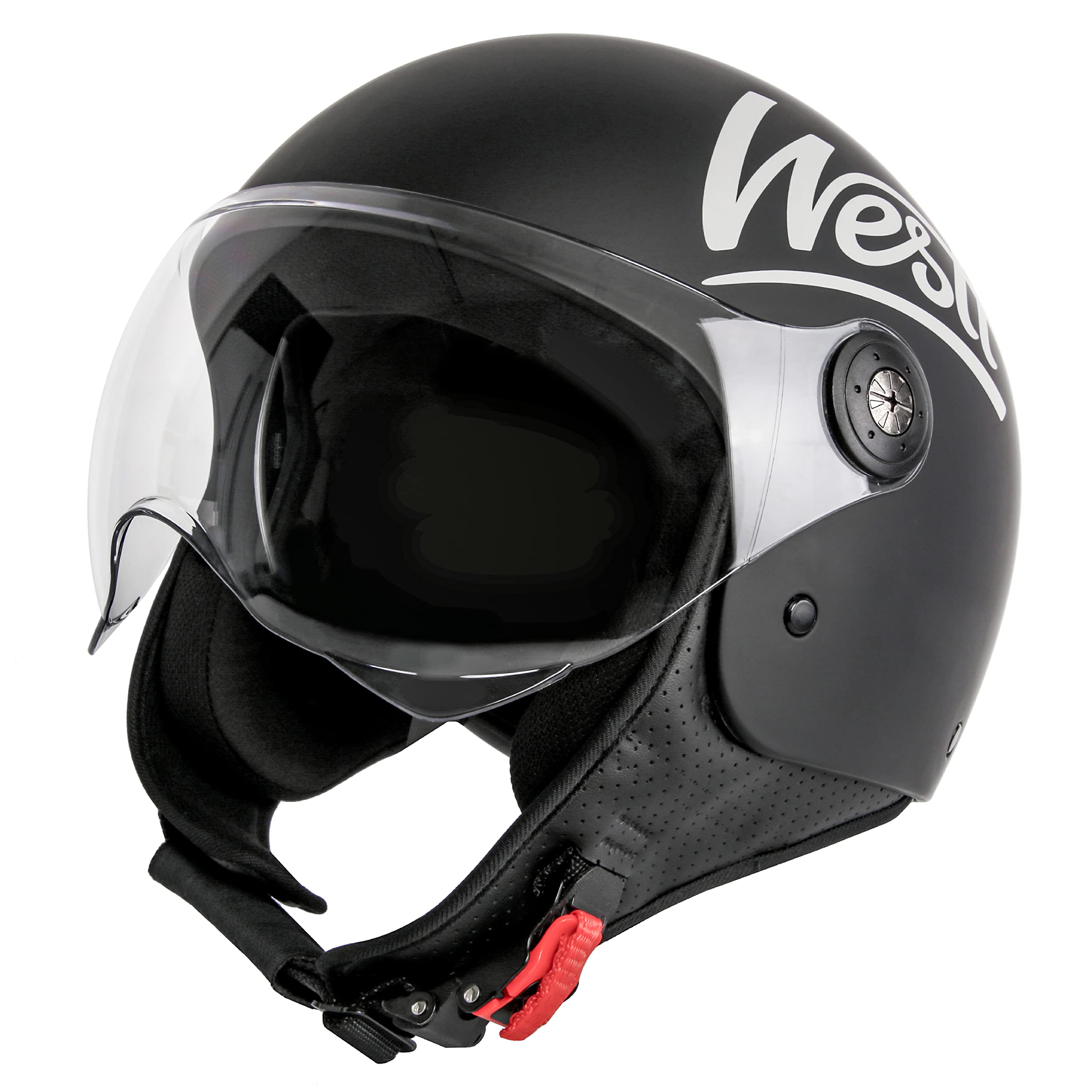 Westt Classic Jethelm mit Visier Motorradhelm Herren Damen Roller Chopper Helm Mopedhelm Retro Mofa Helm Motorrad Pilotenhelm Halbschalenhelm mit ECE DOT Zulassung, matt schwarz, L (57-58 cm)