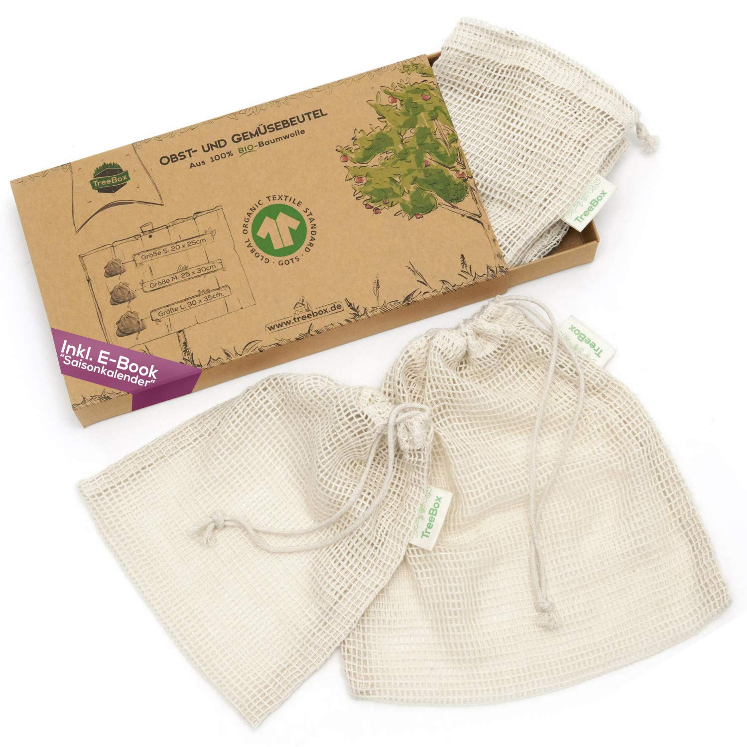 TreeBox Einkaufsnetze für Obst und Gemüse aus 100% Bio-Baumwolle (GOTS) - 3er Set - Mit Gewichtsangabe und Feld für Etiketten - FSC® zert. Verpackung