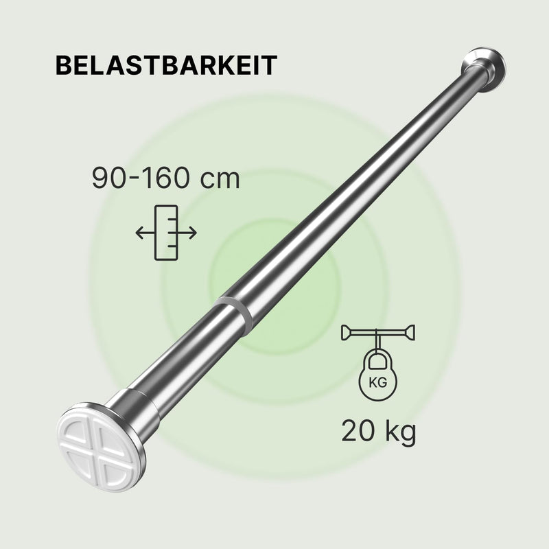 MEISENBERG Gardinenstange zum Klemmen 90-160cm Ø25mm - Duschstange ohne Bohren - Vorhangstange - Edelstahl - Teleskopstange