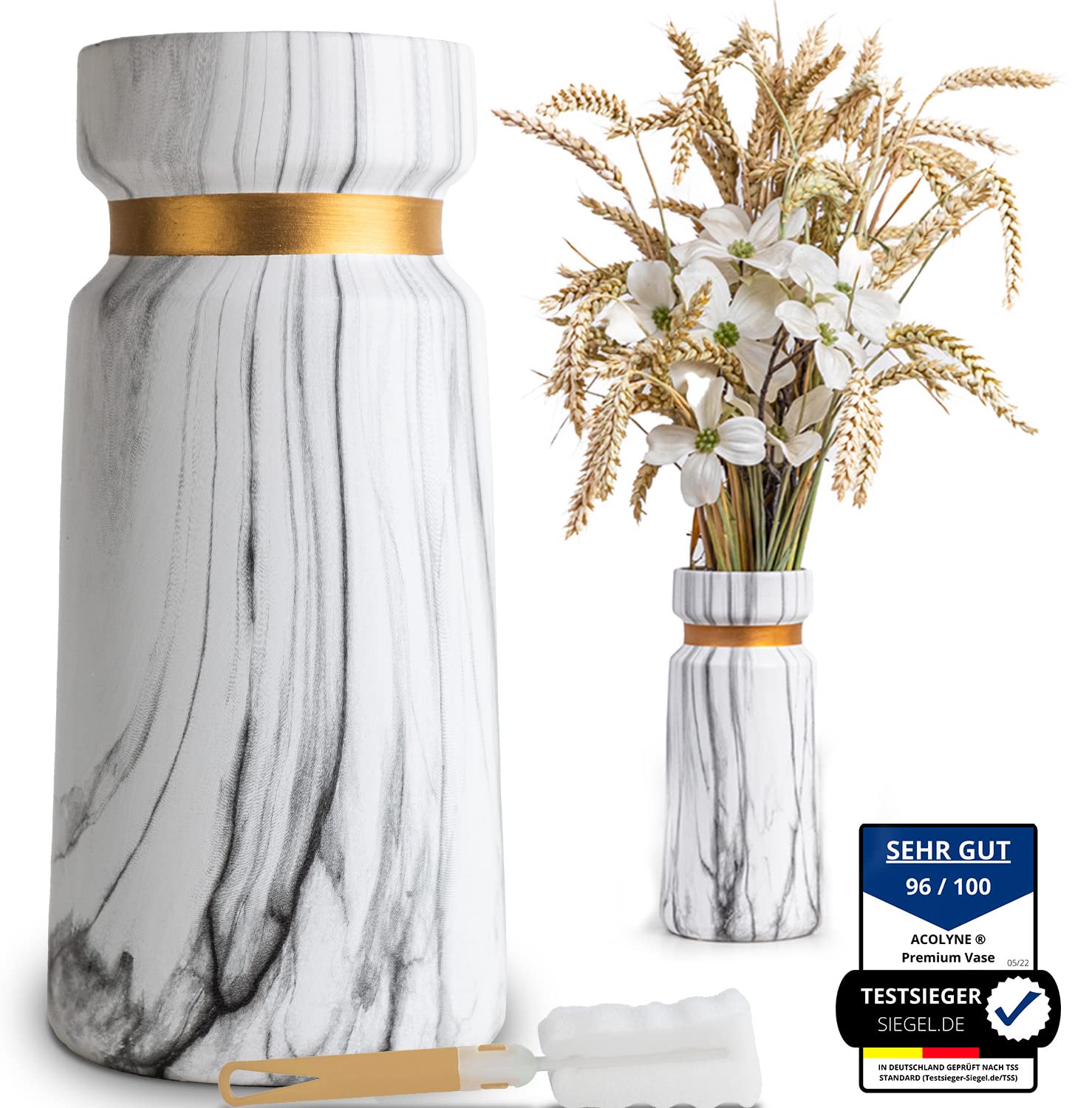 𝐀𝐜𝐨𝐥𝐲𝐧𝐞® Vase für Pampasgras aus Hochwertiger Keramik [MIT REINIGUNGSSCHWAMM & EBOOK] als Moderne Blumenvase in Weiß-Gold | Bodenvase Groß in Marmor-Optik | Vase Weiß