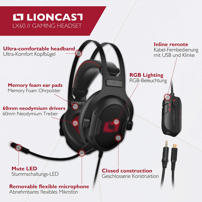 Lioncast LX60 USB Gaming Headset für PC, PS4, Xbox One, Nintendo Switch, Mac, Laptop, Smartphone, Stereo und 7.1 Virtual Surround Sound, RGB-LED-Beleuchtung, geschlossene Over-Ear Kopfhörer, MUTE-LED