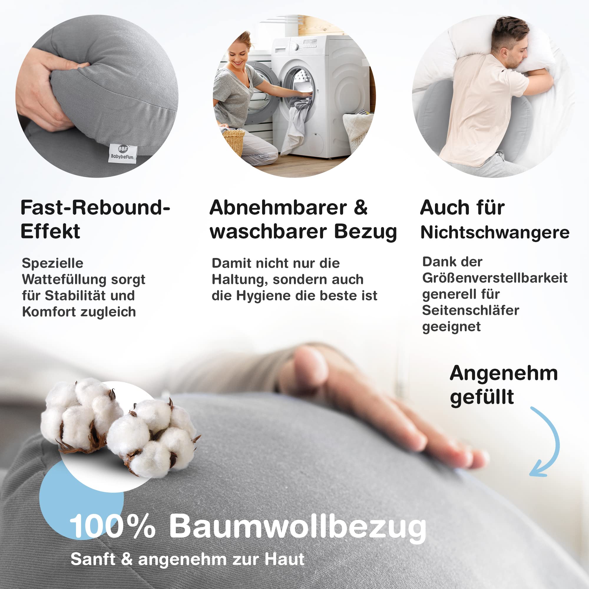 BabybeFun Schwangerschaftskissen mit waschbarem Stillkissenbezug | Seitenschläferkissen gegen Rückenschmerzen als Geschenkidee für werdende Mütter Pregnancy Pillow hellgrau; Farbe wählen..