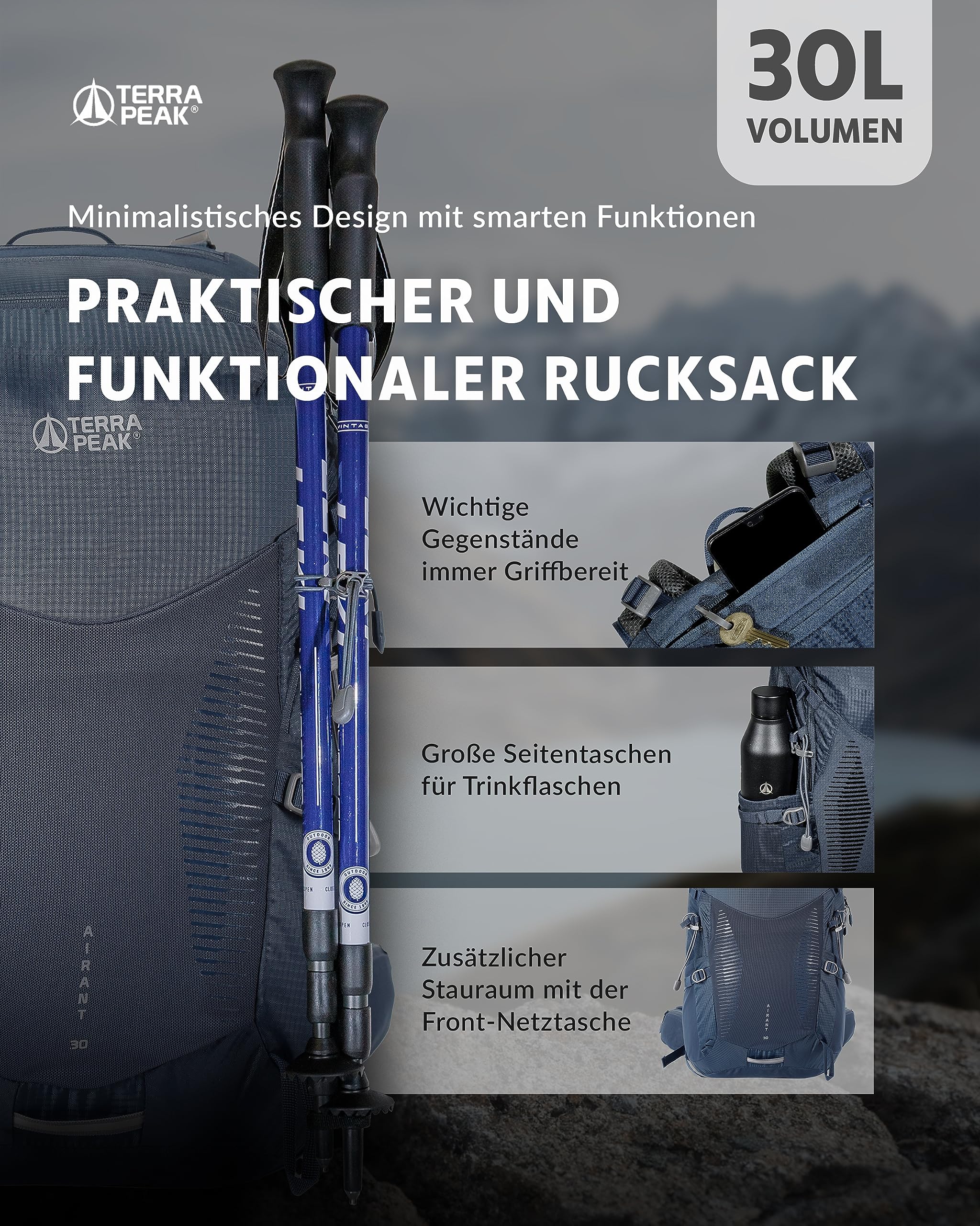 Terra Peak - Wanderrucksack Airant 30 Damen & Herren mit belüftetem Netzrücken blau mittelgross Rückenbelüftung, Trekkingrucksack zum Wandern und Camping mit Trinksystem unisex outdoor Backpack leicht