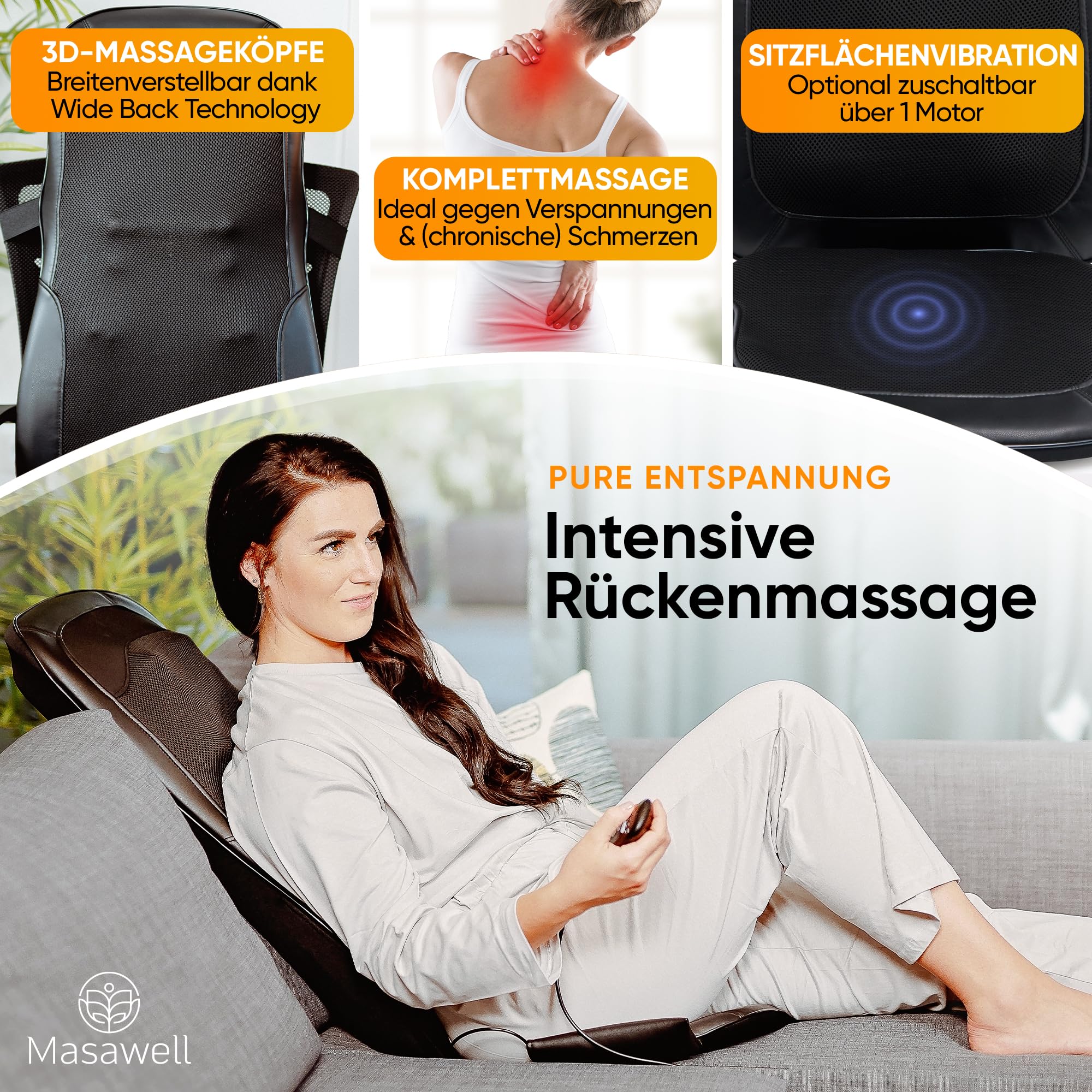 Masawell Shiatsu Massagesitzauflage MW21 | Rücken- und Schultermassage [mit Wide Back Technologie] | Massagegerät mit Spot-, Wärme- und Vibrationsfunktion | Massageauflage für Zuhause - Büro