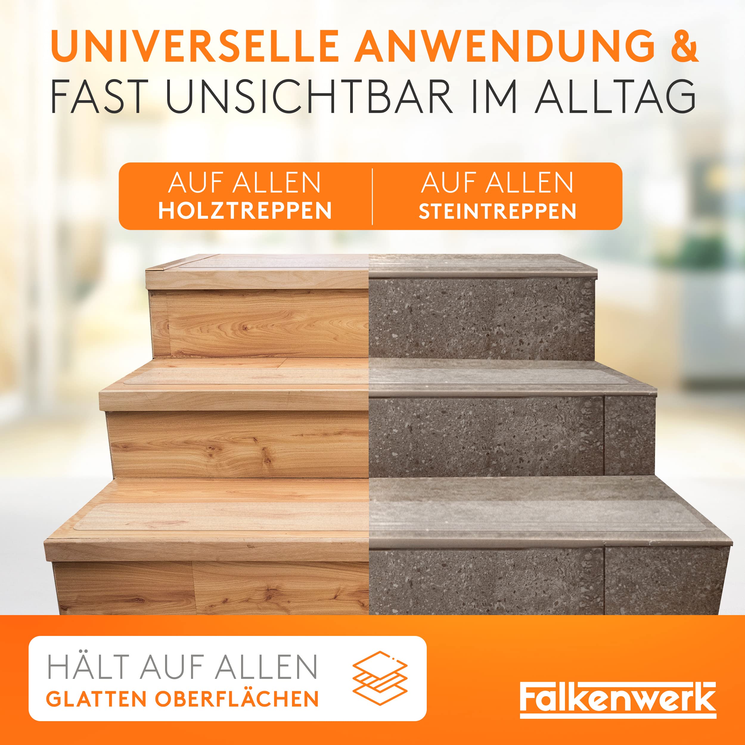 FALKENWERK Antirutschstreifen für Treppen [20 Stück] - Selbstklebende & Transparente Anti Rutsch Streifen [12x75 cm] - Wasserfeste Antirutsch Treppe - Treppen Rutschschutz mit Spachtelroller