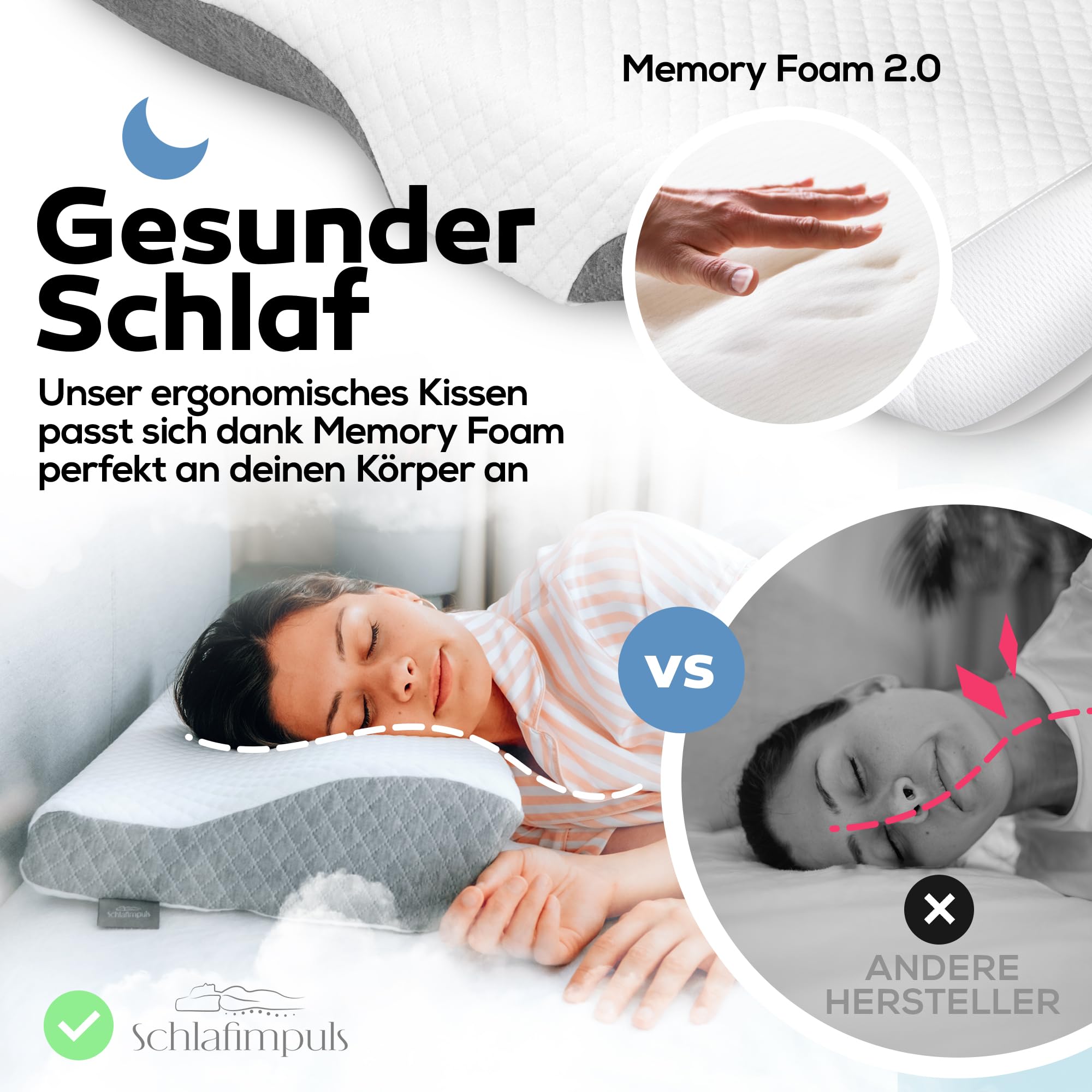 Schlafimpuls Ergonomisches Kopfkissen Nackenstützkissen | Orthopädisches Kopfkissen & Nackenkissen [Memory Foam] Seitenschläfer - mit extra Bezug - Farbe wählbar (Rosa)