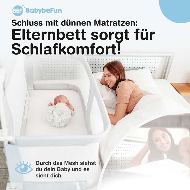 BabybeFun Beistellbett Baby [Stillen im eigenen Elternbett] Babybett für Boxspringbett und normales Bett mit Überrollschutz [Extra Sicher] Rausfallschutz Bett | Kinderbett Alternative