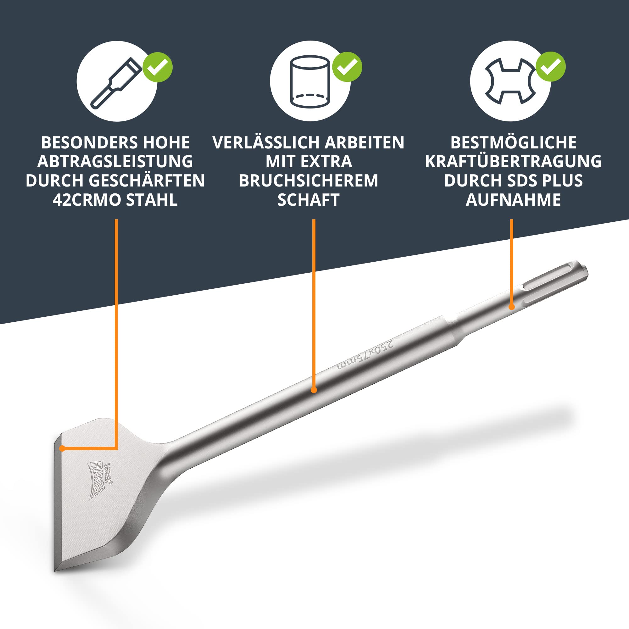 BAURIX® Fliesenmeißel SDS Plus Meißel [250x75 mm] I FRAKTOR®-System - Mühelos Fliesen entfernen I Abgewinkelter Flachmeißel breit für Fliesen und Fliesenkleber I 42CrMo-Spezialstahl