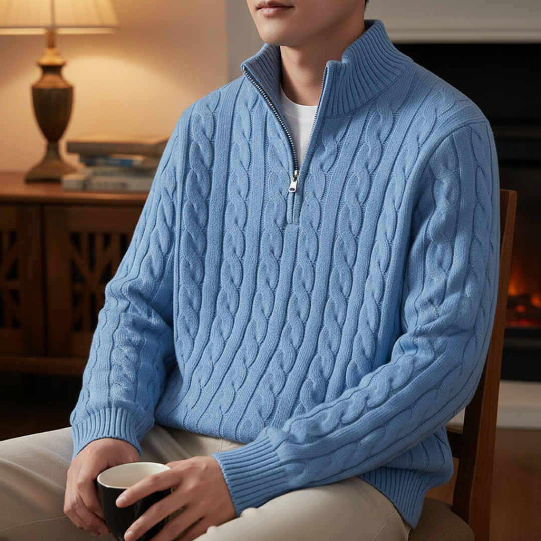 Pullover mit Zopfmuster & Stehkragen-Reißverschluss 100% Cotton – NordicClassic Knit