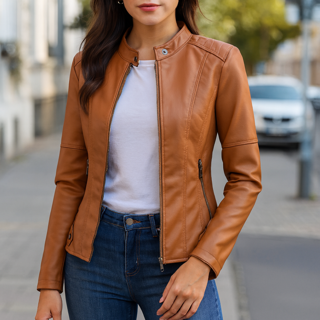 Kunstlederjacke Damen – Figurbetonte Jacke mit Stehkragen & Reißverschluss | Eleganza Jacket