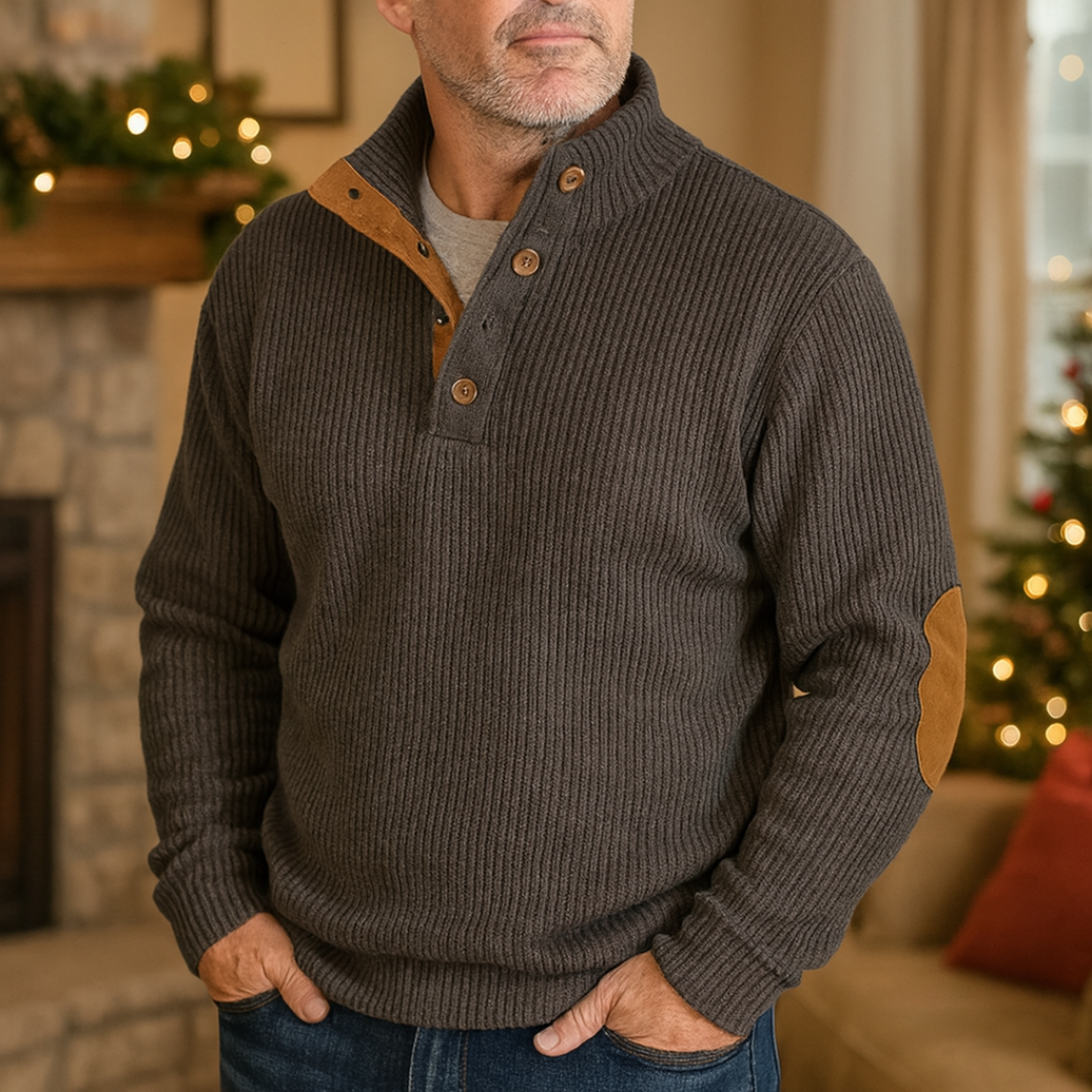 Retro Strickpullover mit Knopfleiste & Ellbogenpatches – Lyle Classic Knit
