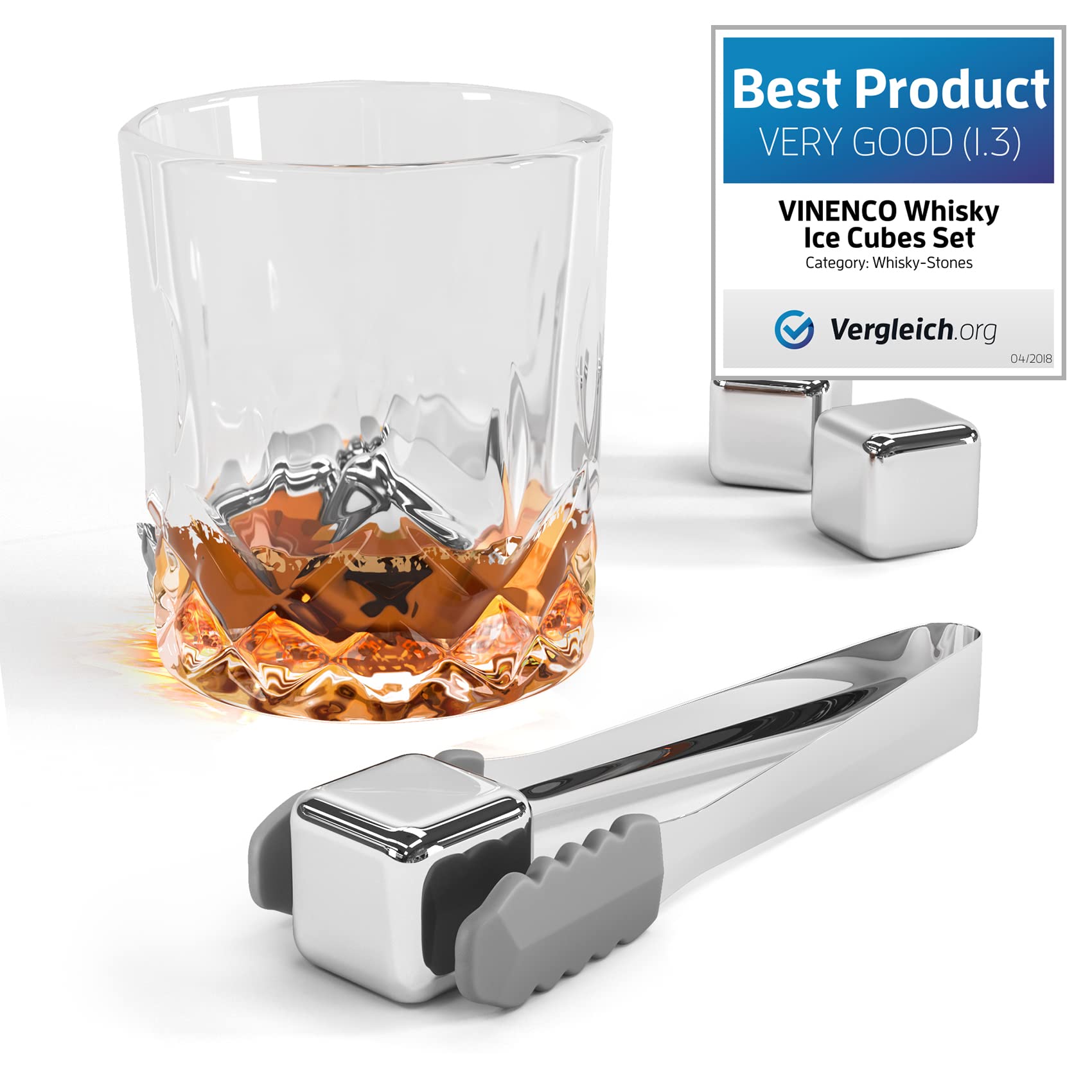 Whisky Steine Set - 8 Wiederverwendbare Edelstahl Eiswürfel, Zange + Stoffbeutel, Whiskey Ice Cubes Metall Kühlsteine Bar Zubehör Cocktail Rocks Gin Stones Dekorationszubehör Geschenk Whiskysteine