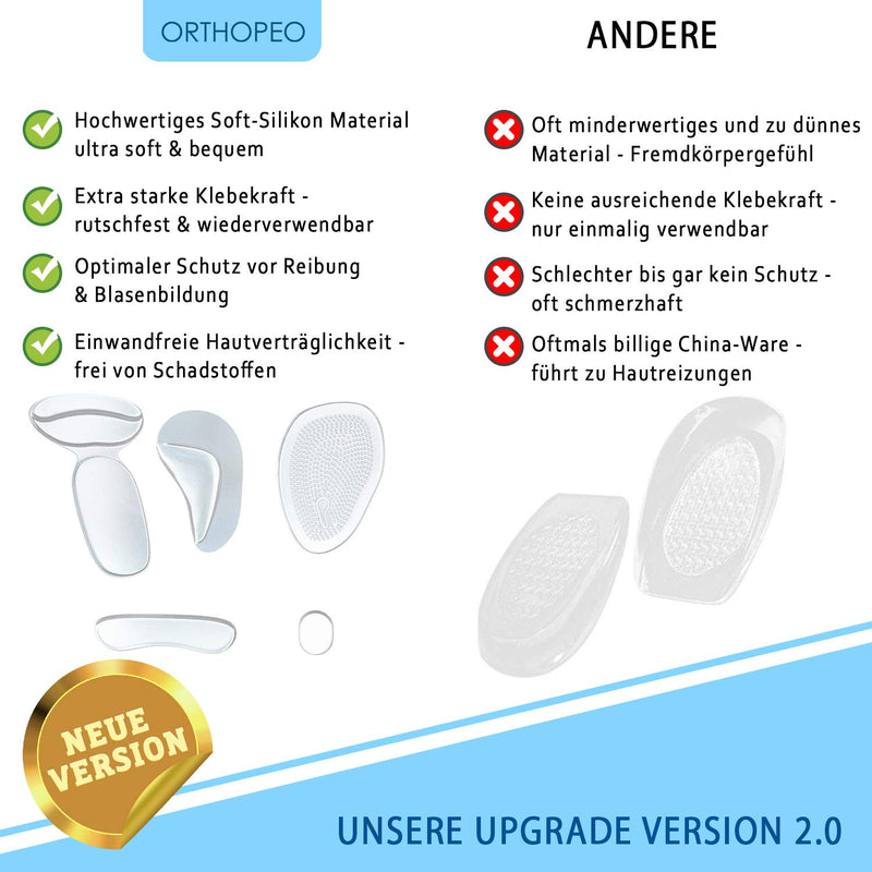 ORTHOPEO Premium Fersenpolster I Silikon I Gel I gegen Blasen & Reibung I 14er Set Silikonpolster Gelpolster Gelkissen Fersenschutz Ballenpolster Antirutsch im Schuh High Heels Schuhpolster